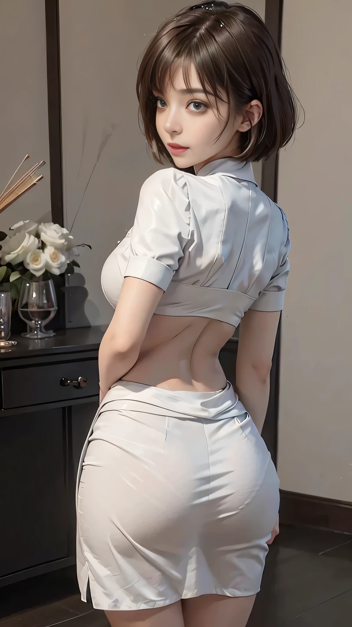 (close:1.4)、(RAW shooting:1.2)、(realistic:1.4)、(masterpiece:1.3)、(highest quality:1.4)、alone、(beautiful woman with perfect body:1.4)、7 head and body、sexyでとても美しい素敵なゴージャスフェイス、the most beautiful face in the world、small face beauty、(full body shot)、(pieces fly)、(look at me)、brown eyes、(short hair with bangs:1.2)、(office suit、white clothes、dark gray tight skirt)、high heels、(thin waist:1.2)、(beautiful little ass:1.3)、(stick out your butt)、beautiful back、put your hand on the wall、backwards、angle from behind、You can clearly see the shape of your butt、Inviting, gestures、sexy、naked ass、Excited、(show me your butt)、exposure behavior、Ass to show、(beautiful thighs)、(perfect anatomy:1.2)