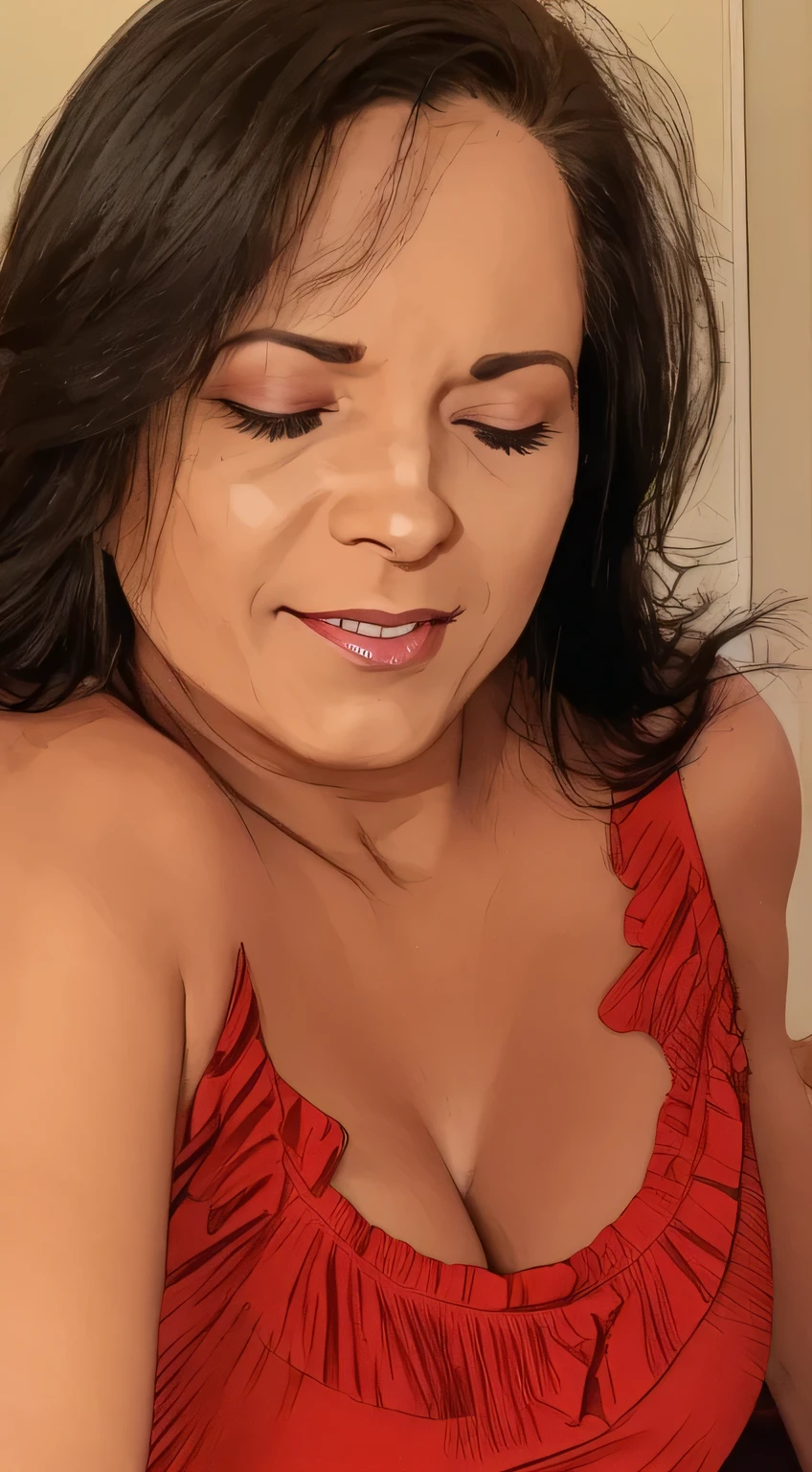 ((view from below, close-up, open mouth)), a 40yo woman ((shoulder-length black hair)), (((yawning, gape, closed eyes, open mouth, feel pain))), yawning, (large thighs), ((flat chest)), (large hips, thick thigh) ,collar, (tshirt nipple mark), (wearing a red sleep dress:1.2), ((Leap Frog sex pose, ass focus, submissive pose, on all fours))