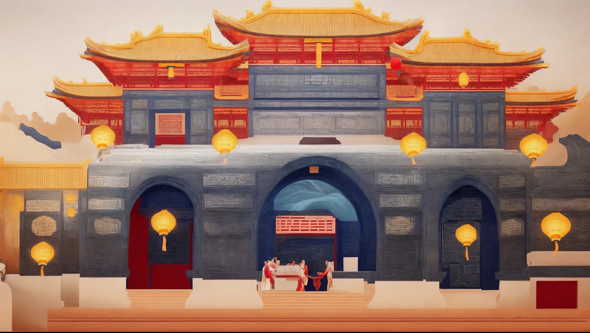 Arafad building with many doors and lanterns, taoist temples and monks, Tang Palace, ancient Chinese architecture, Chinese architecture, Chinese architecture, chinese temple, Chinese heritage, Guangjian, nanquan, the taoist temples of huangshan, nice images, chinese palace, gujian, qiangshu, temple, buddhist temple, jin shan，illustration style，detailed details