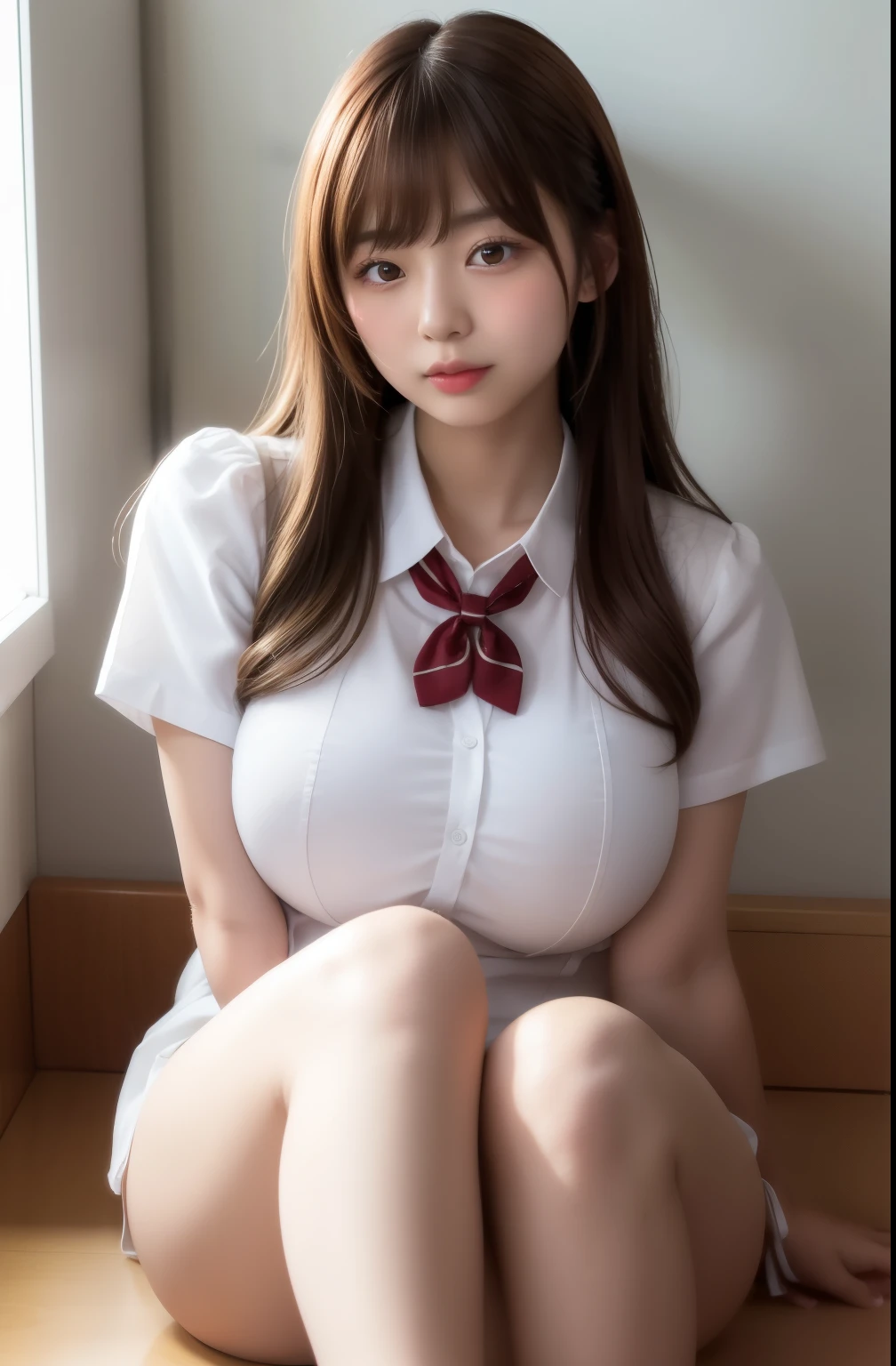 8K、light brown bangs、braided hair、messy hair、Japanese woman wearing a white shirt and red bow tie、surreal 、surreal 、cute、(golden ratio face、plump lower lip:1.2)、japanese goddess、japanese model、Real young gravure idol、japanese girl uniform、japanese girl、Arrival in Japan 、Arrival in Japan 、young sensual gravure idol、Beautiful Japanese girl ever、(big breasts:1.5)、chest enhancement