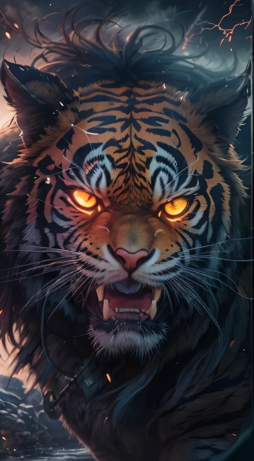 Angry Tiger God, Close-up cleavage, Steampunk anthropomorphism , Black Death mask, artstation illustrators, intricate details, Face, full body portrait, dim lights, illustration, ultra high definition, 4k hyper-realistic, nervous, cold, Very detailed, sharp focus, professional, 8Kultra high definition, cinematic, dark, Violence, outdoor, river, struggle, Keep up, dramatic, vivid, nervous气氛, rendering, epic, twilight, high dynamic range, The album cover, snowstorm, lightning, Cataclysm