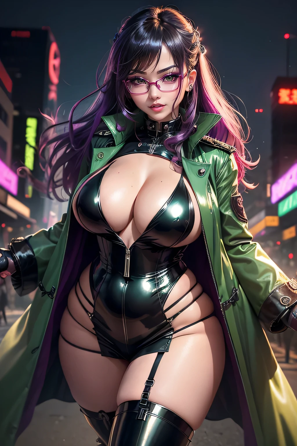 chinese idol mature woman purple wavy hair with bangs ((Glasses)) ((大きなPush your chest together to create cleavage)) black eyeshadow smoky makeup bewitching flashy makeup triumphant smile ((ネオン輝くcyber punkな夜景)) ((Super glossy metallic green khaki enamel long coat with military uniform medal)) ((Super shiny metallic enamel knee high boots)) Tight miniskirt garter belt masterpiece 8K cyber punk Electric Punk Battlefield female general ((bright red plump lips)) duck mouth sweaty chest (Push your chest together to create cleavage) He comes walking towards me with a lightsaber equipped.. Drawn from below