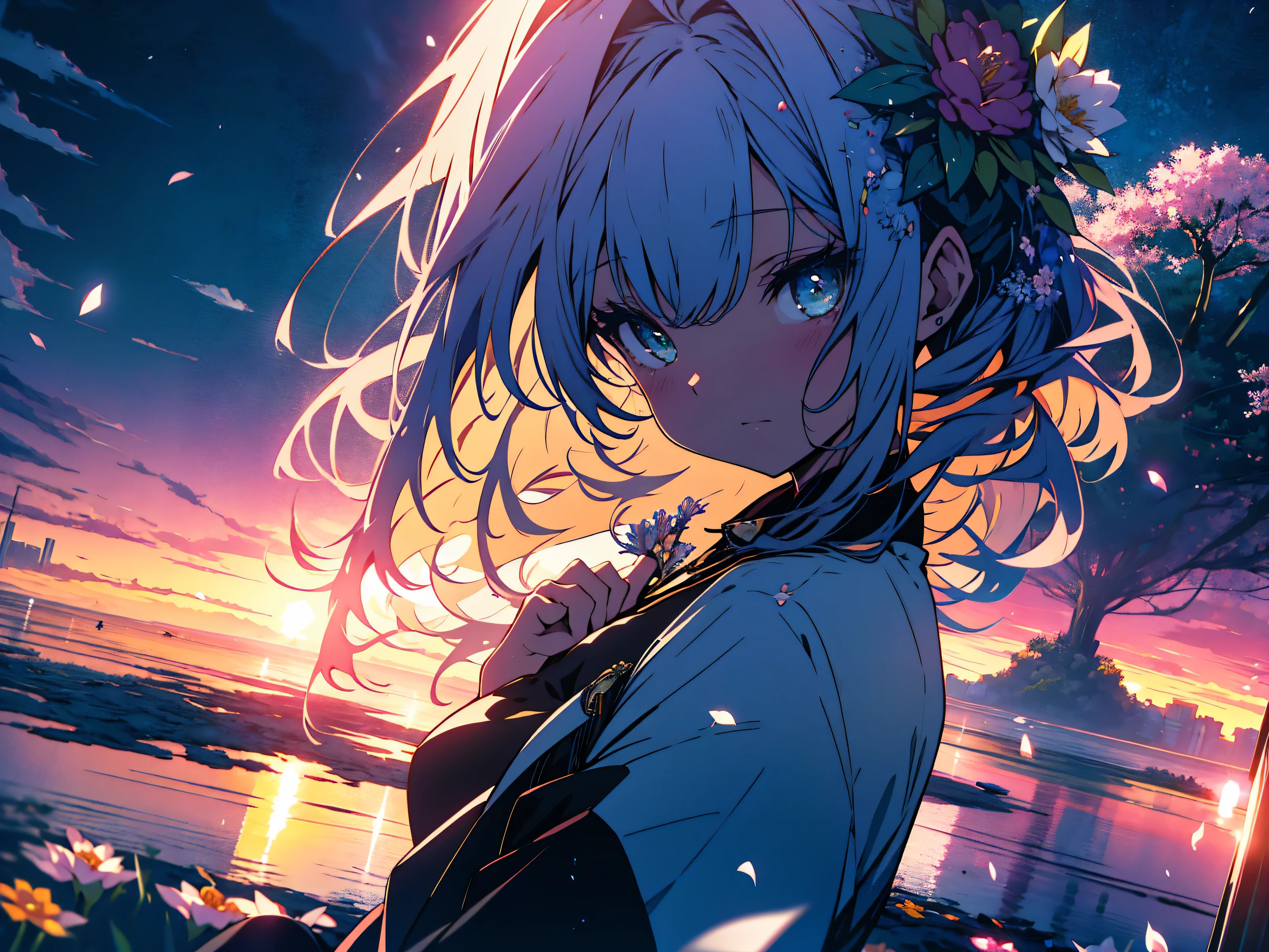 (very detailed anime、 8k wallpaper), lit, sea of flowers, flowers, (1 girl), Upper body, K-POPアイドル,colorful colors、bright atmosphere、beautiful anime、cute