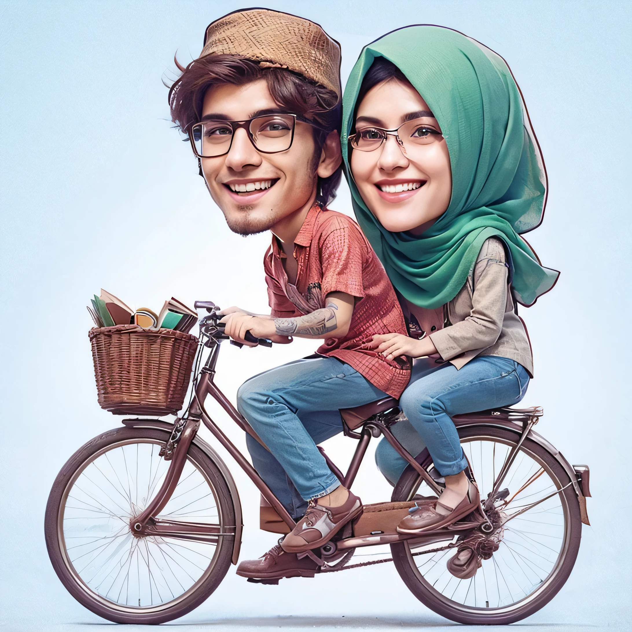 A man and a woman, both wearing glasses, are riding a bicycle. The woman is wearing a green hijab and has a tattoo on her arm. They are both smiling and the woman has a book in her bag.