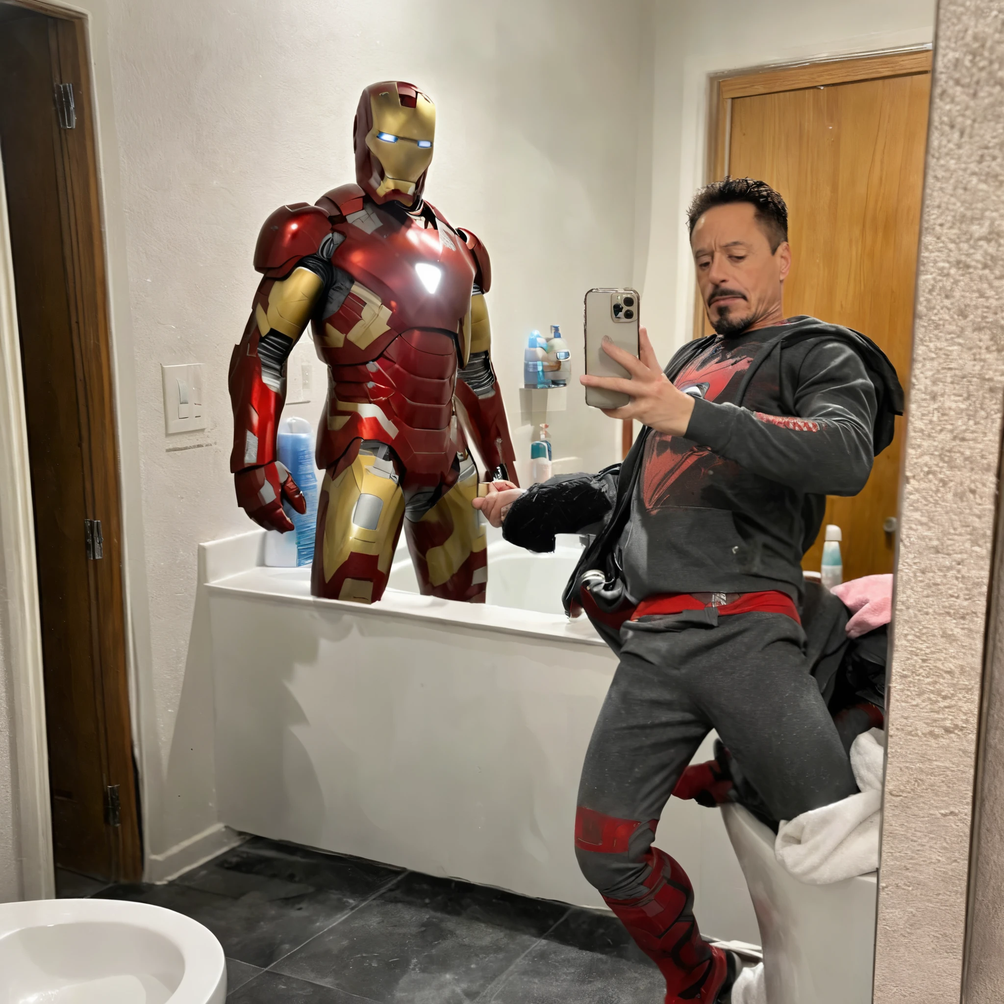 Iron Man taking a selfy in the bathroom mirror