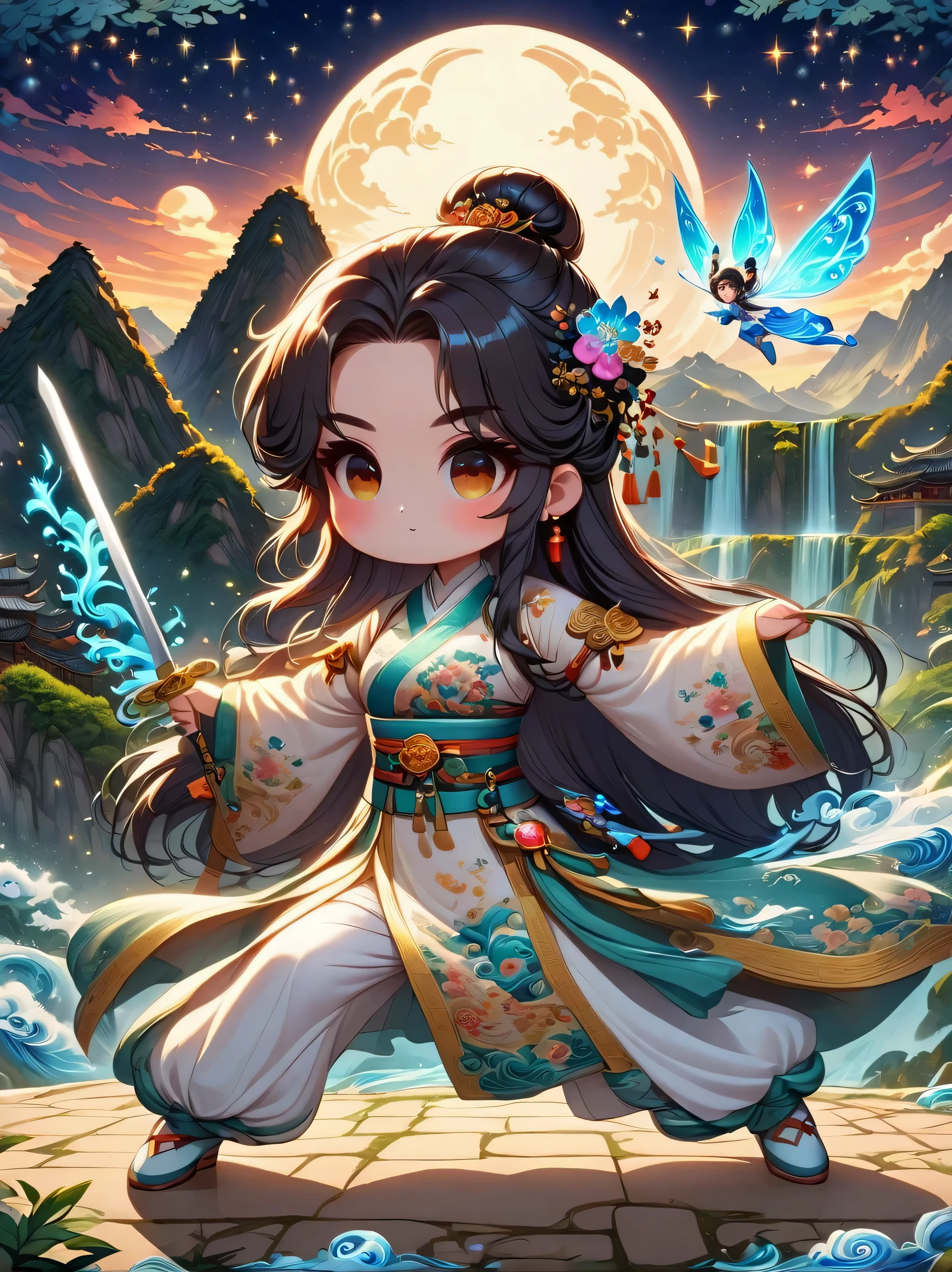 ((imagine)),((whole body)),Snow mountain sword painting method, Ancient style woman's cold ice flame sword, Holding a sword burning with blue flames, Dancing with a sword in white clothes, long hair flowing in the snow, Beautiful woman holding a silver sword, Wear jade jewelry, Her face is full of confident smile, She is suspended in the clouds like a fairy, Behind her are layers of mountains