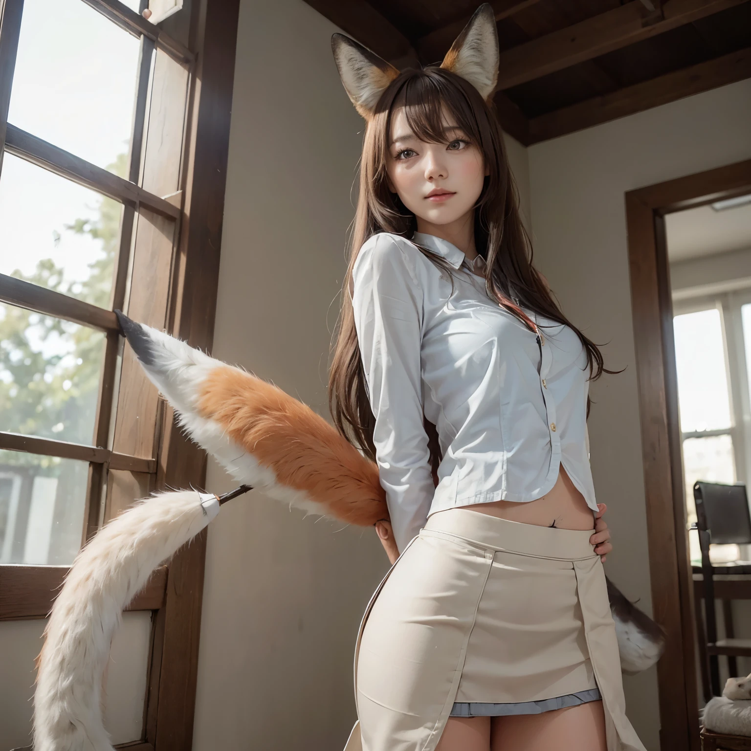 Girl with a furry tail , Fox tail, tail, collared shirt,table top, 最high quality, figure, Ultra-detailed, finedetail, High resolution, 8k wallpaper, 完璧なダイナミックな構figure, Beautiful detailed eyes,Full body shot，Show me your whole body、thin and transparent、long gray hair, ,smile,Harajuku、18 year old girl、eyeliner、beautiful bangs、hair between eyes、最high quality、ultra-detailliert、film light、intricate-detail、High resolution、ighly detailed))、detailed background、8KUHD、Digital single-lens reflex camera、soft light、high quality、film grain、Fujifilm XT3 、shallow depth of field、natural soft light、Kamimei、I looked at my knees., sexy shot looking at camera、on the leg、Full body shot facing the camera、look back、(The fox&#39;s tail pushes up the hem of the skirt and stands tall.:1.9)、(The tail grows from the butt and sticks out from inside the skirt.:1.9)、(the tail is attached to her butt:1.9), (She has a fox tail on her butt.:1.9), The skirt bulges out at the tail., the tail extends into the skirt