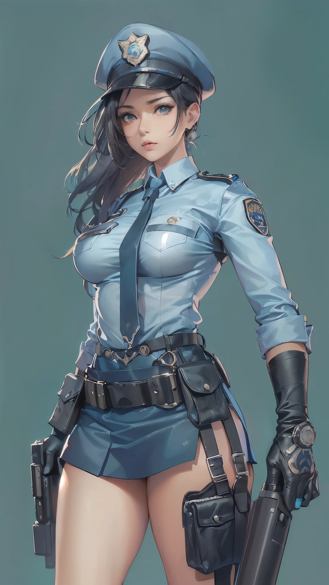 ((highest quality)),(ultra high resolution),(Super detailed),(detailed description),((best CG)),(best work of art),super precision art,amazing drawing art,(Art with precise details:1.5), (1 female policeman:1.6),(serious:1.4),(Light blue shirt:1.6),(Big breasts highlighted with a harness:1.5),(tight mini skirt:1.5),(leather gloves:1.3),(emblem:1.4),(holster:1.4)