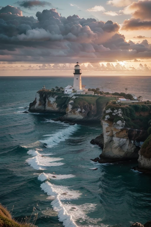 1 farol de navios em cima de uma pequena e rochosa ilha, no Brasil. em um dia de mar revolto, iluminando o horizonte com seu feixe de luz, cloudy sky and the sunset on the horizon amidst heavy clouds, melhor qualidade, Papel de parede 8k, imagem horizontal estilo paisagem, fotografia, ultradetalhista