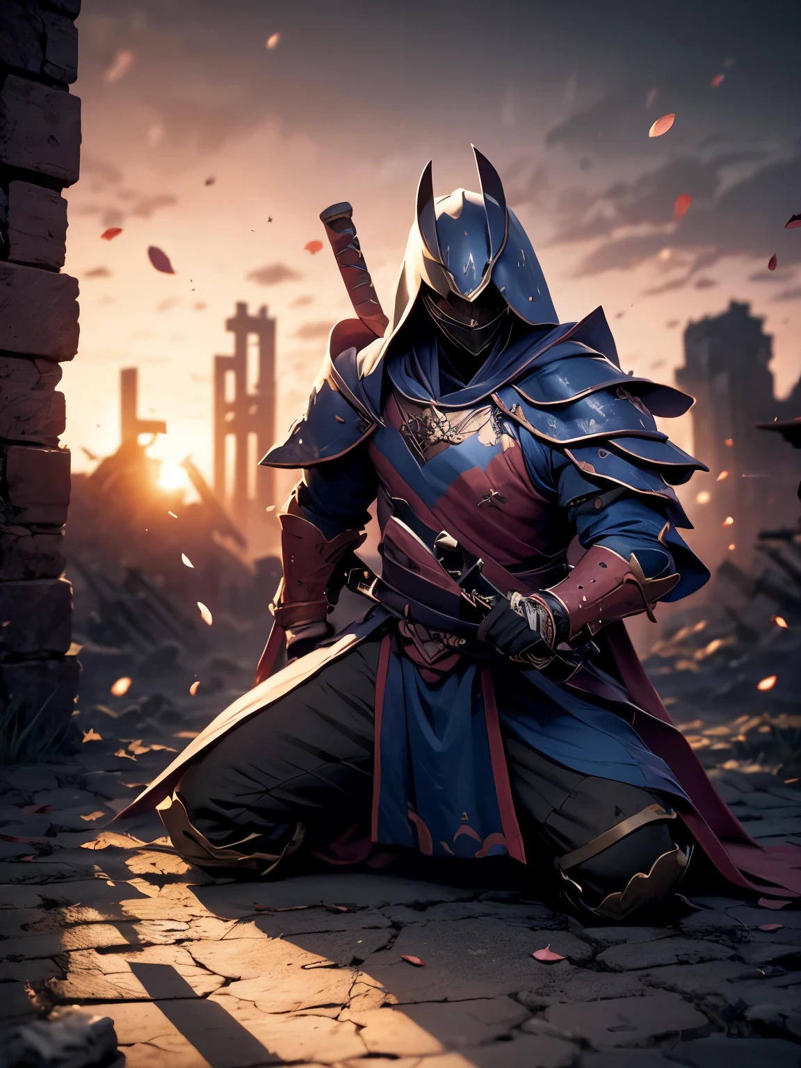 Create a highly detailed and dramatic image of a samurai warrior defeated in battle. The scene is set on an ancient battlefield at dusk, with the fading light casting long shadows. The samurai is on his knees, his armor battered and broken. Despite his defeat, his expression is one of stoic acceptance. The background should be a poignant contrast of beauty and desolation, featuring scattered cherry blossoms against a backdrop of smoldering ruins. The overall atmosphere should evoke a sense of epic tragedy, honor, and the fleeting nature of glory