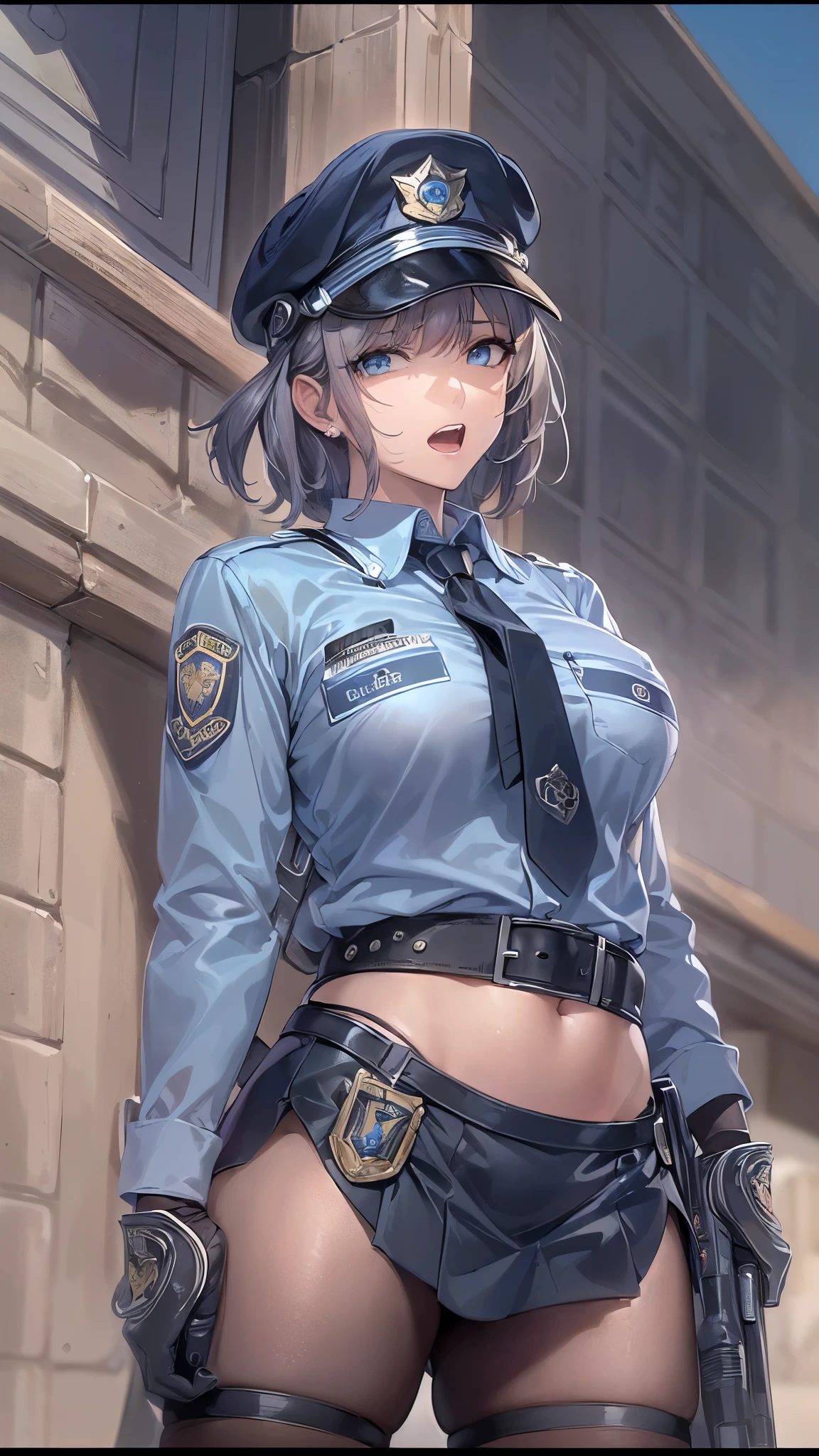 ((highest quality)),(ultra high resolution),(Super detailed),(detailed description),((best CG)),(best work of art),super precision art,amazing drawing art,(Art with precise details:1.5), (1 female policeman:1.6),(serious:1.4),(Light blue shirt:1.6),(Big breasts highlighted with a harness:1.5),(tight mini skirt:1.5),(leather gloves:1.3),(emblem:1.4),(holster:1.4)