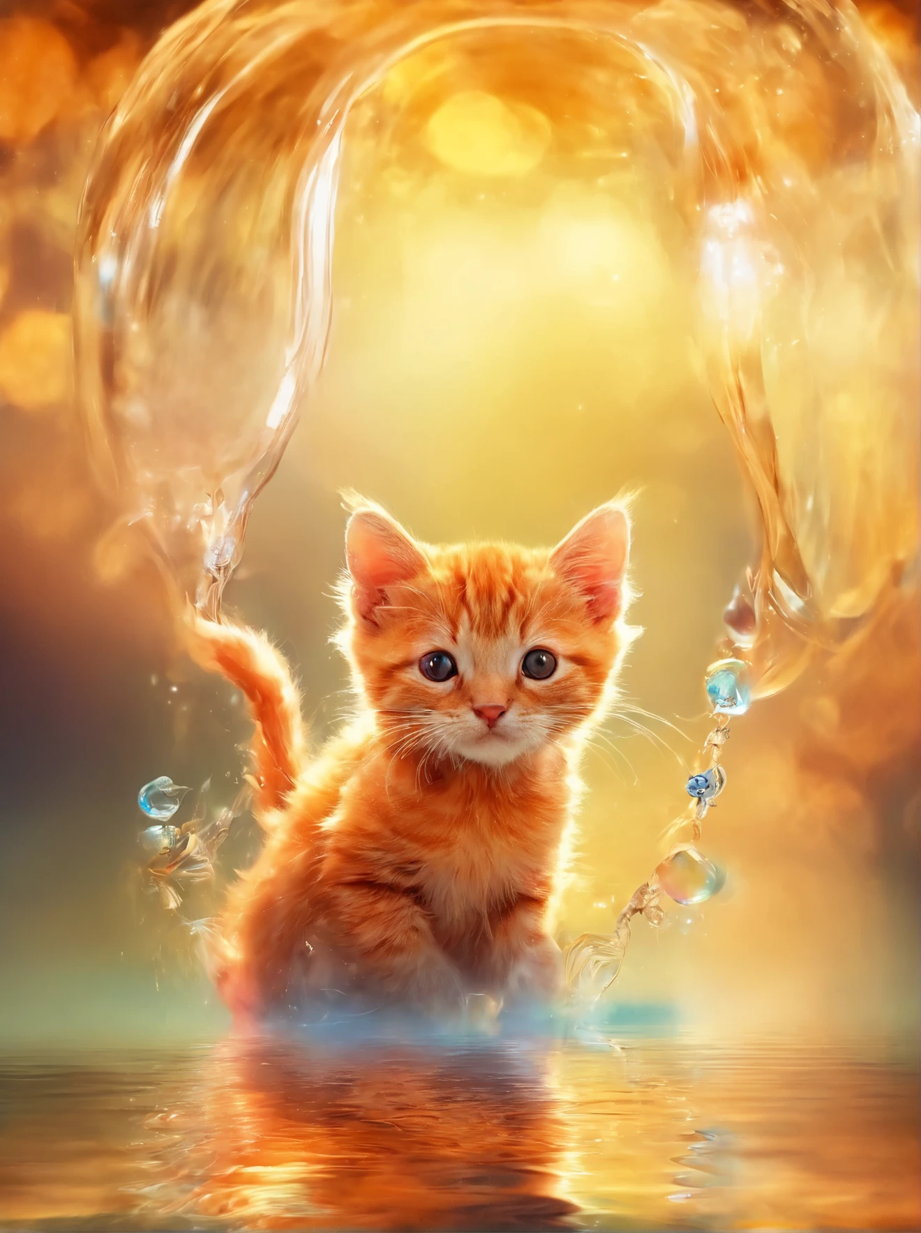 Q version little orange cat, water,reflection,reflection,Silly cute, Look at me, luxurious, surreal, Super fine, 16K resolution, masterpiece, macro lens,