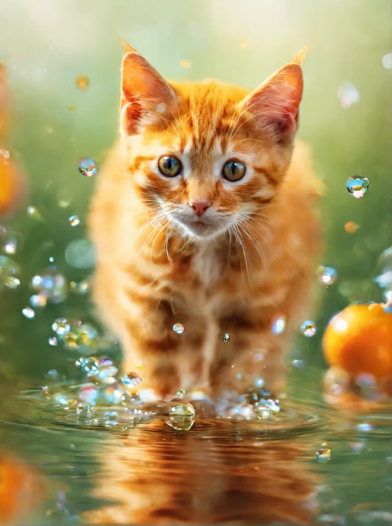 Q version little orange cat, water,reflection,reflection,Silly cute, Look at me, luxurious, surreal, Super fine, 16K resolution, masterpiece, macro lens,