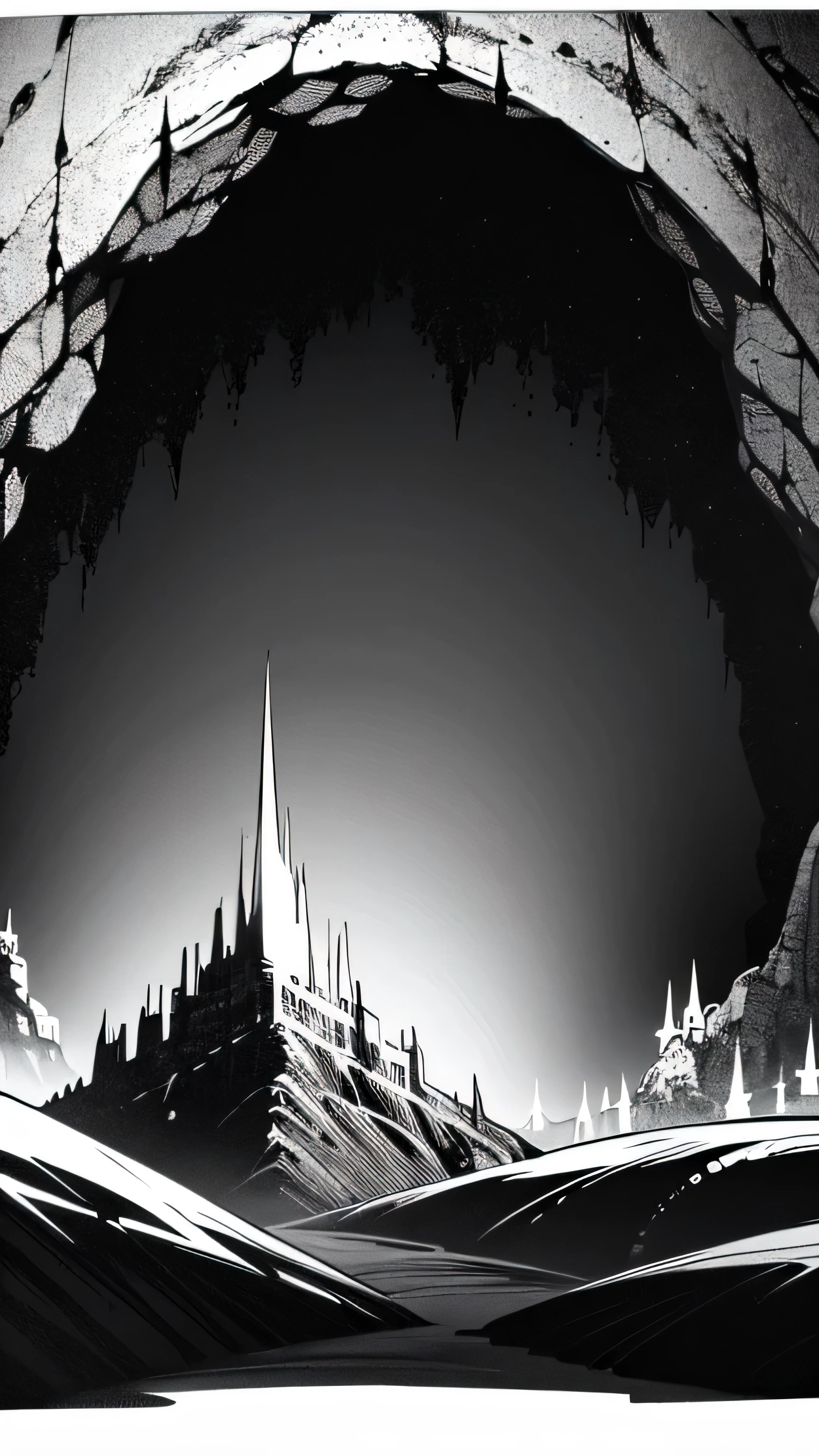 a close up of a black and white photo of a mountain, cave background, dark gloomy cave background, foreboding background, gloomy background, perlin noise, extremely gloomy lighting, complete darkness background, very dark background, very dark cave, random background scene, darkness's background, darkness background, 2 d texture, 2d texture, mystic dark cave