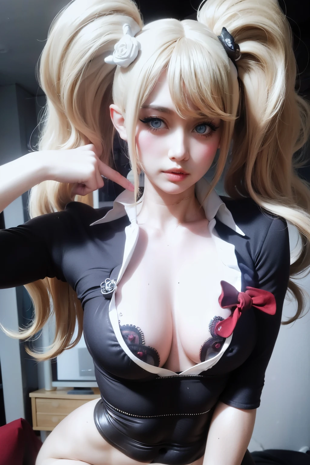 1girl, breasts, solo, long_hair blonde, cleavage, blonde_hair, photo_\(medium\), realistic, looking_at_viewer, lips, upper_body