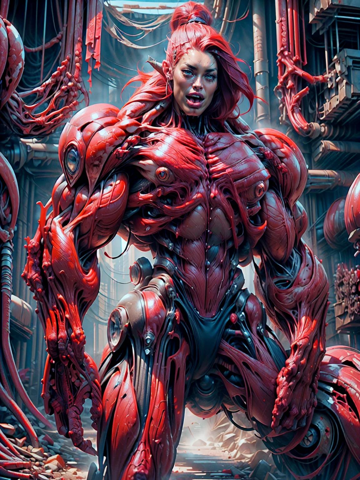 (1 girl), (megan fox:1.25), (long red hair), (carnage skinless physique:1.25), (1 super muscular undead skinless succubus with gigantic horns:1.25), (covered in red necrotic rotting skinless muscle:1.25), (exposed muscles & veins everywhere:1.25), (perfect fingers:1.25),(8k, RAW photo, photorealistic:1.25), dark horrific scary atmosphere, hellish landscape, Hellraiser like atmosphere,