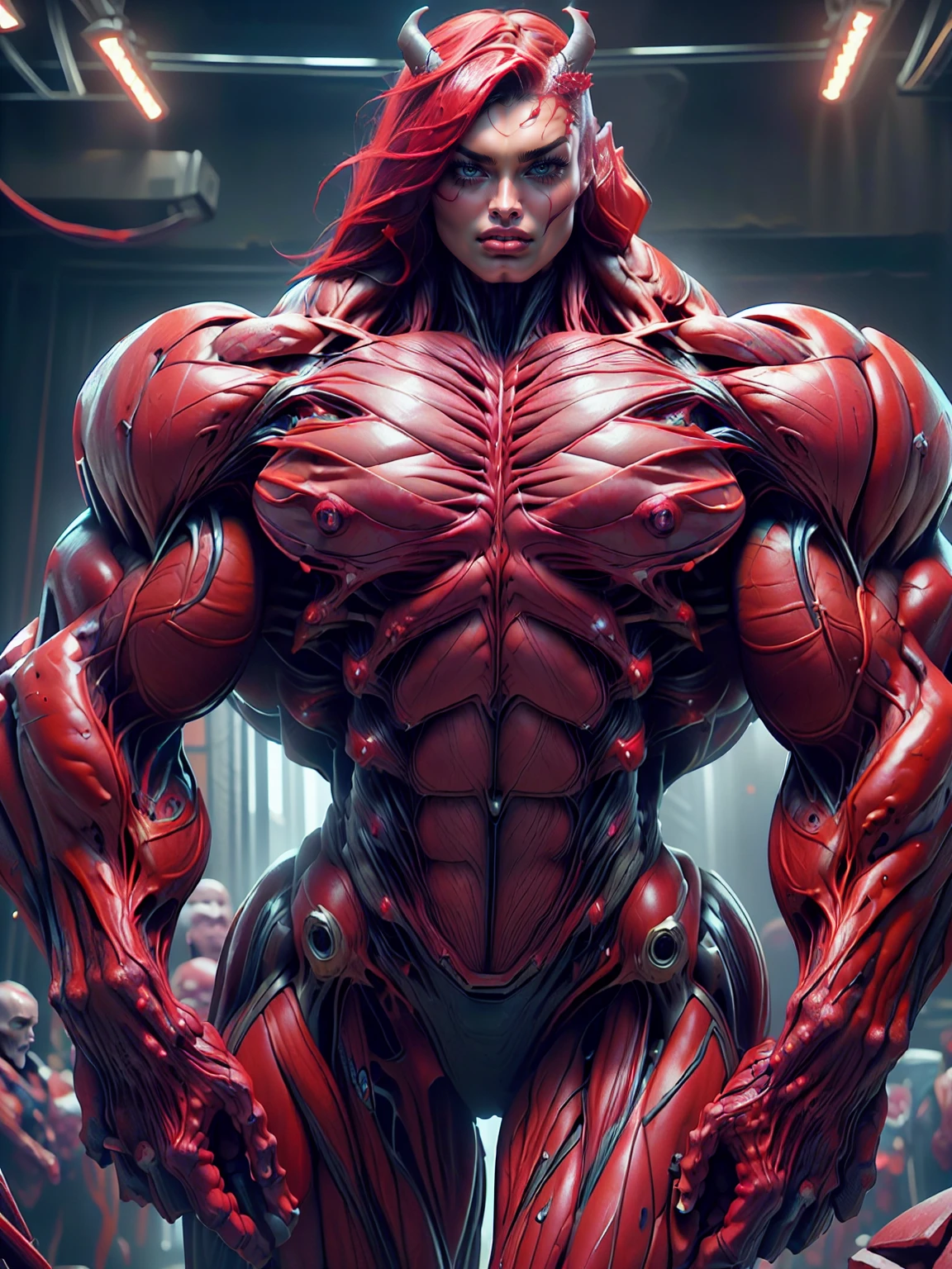 (1 girl), (megan fox:1.25), (long red hair), (carnage skinless physique:1.25), (1 super muscular undead skinless succubus with gigantic horns:1.25), (covered in red necrotic rotting skinless muscle:1.25), (exposed muscles & veins everywhere:1.25), (perfect fingers:1.25),(8k, RAW photo, photorealistic:1.25), dark horrific scary atmosphere, hellish landscape, Hellraiser like atmosphere,