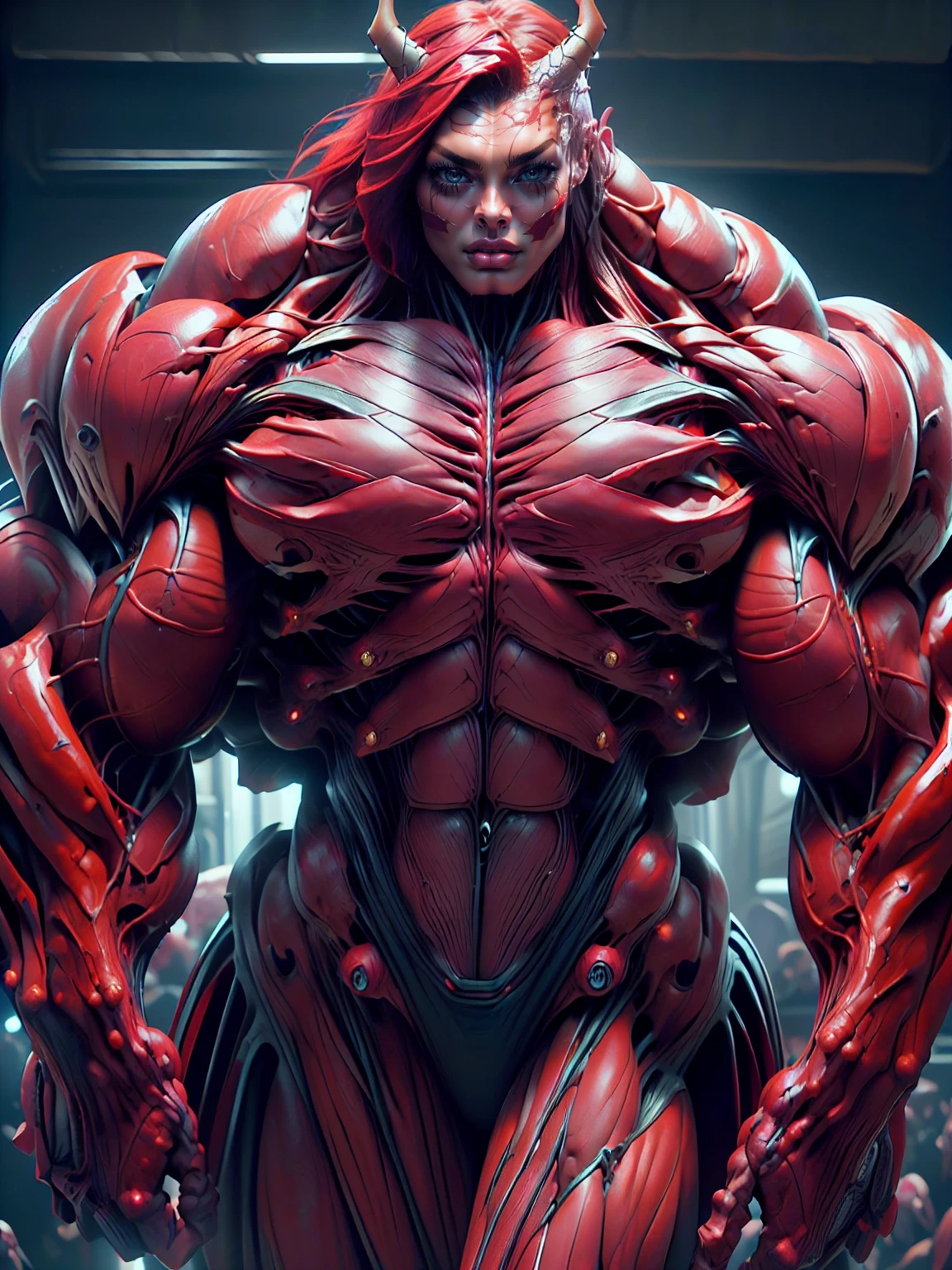 (1 girl), (megan fox:1.25), (long red hair), (carnage skinless physique:1.25), (1 super muscular undead skinless succubus with gigantic horns:1.25), (covered in red necrotic rotting skinless muscle:1.25), (exposed muscles & veins everywhere:1.25), (perfect fingers:1.25),(8k, RAW photo, photorealistic:1.25), dark horrific scary atmosphere, hellish landscape, Hellraiser like atmosphere,