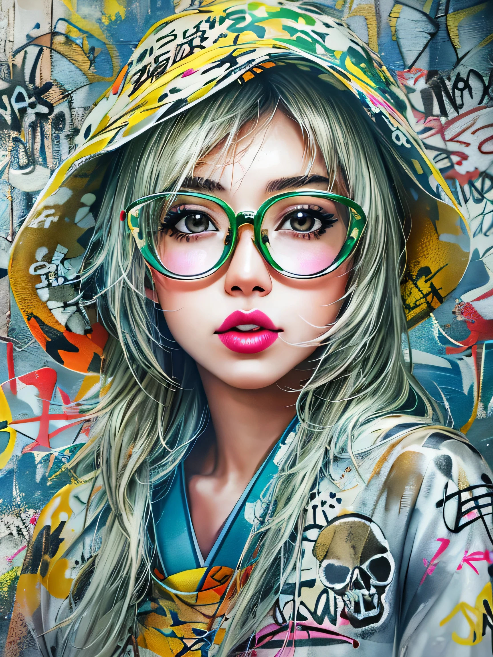 8K quality, watercolor painting, stylish design, (((The strongest beautiful girl of all time))), (((Japanese)))、Idol、clear, stylish glasses, Fashionable hats, (((highest quality))), bob hair, lips in love, HDR, ((Detailed details)), (((skull fashion))), detailed clothing texture, (((graffiti art))), colorful hair, ((masterpiece))、((Super detailed))