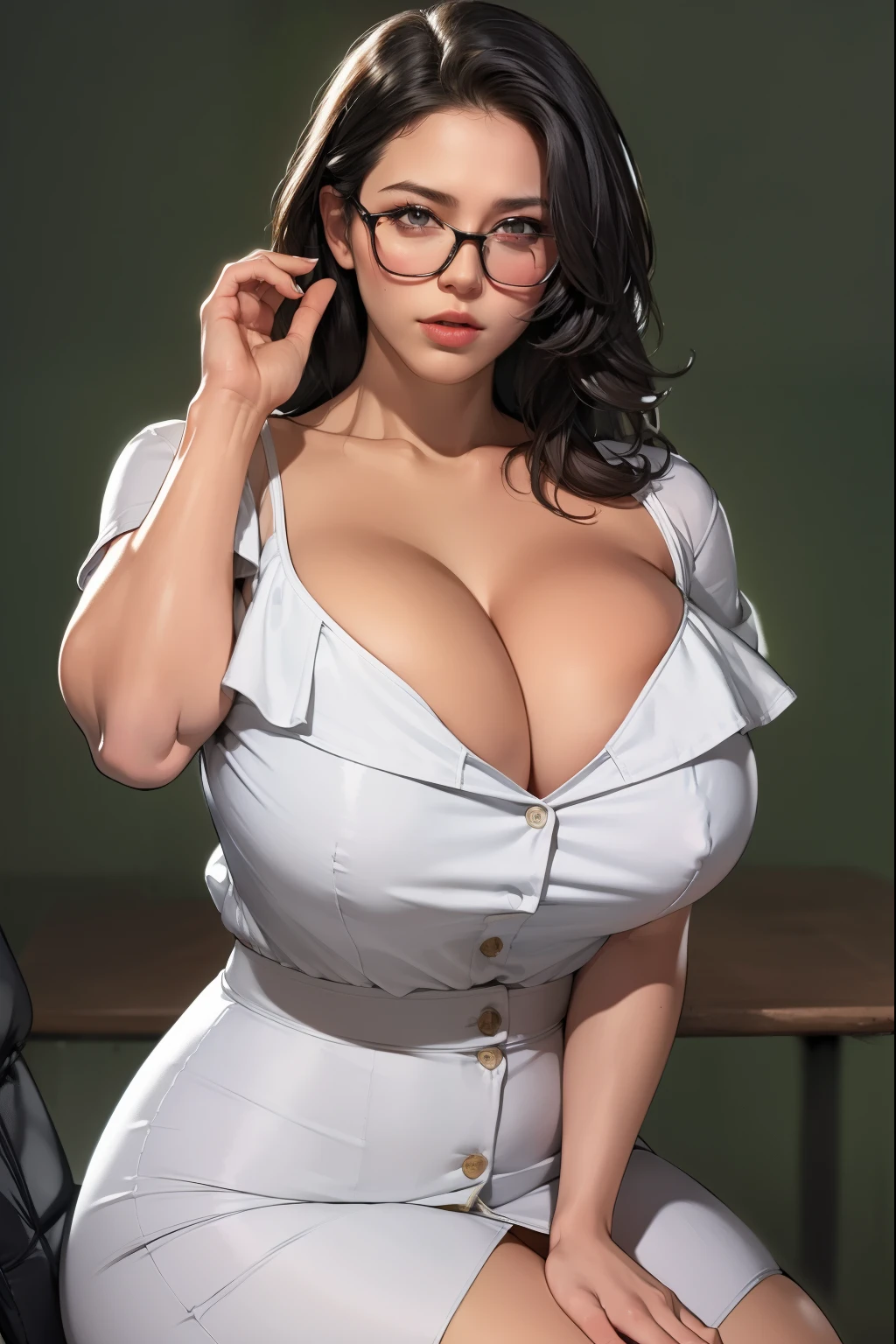 (masterpiece, highest quality: 1.2), night(chainsaw man),(highly detailed face, real image, realistic skin, realistic body, intricate details), red eyes (Intimidating look), light blush, social attire, semi-open button up shirt (white), whiteいブラジャー, skirt (black), blackスーツ, short hair, Glasses, ((big breasts)), close, big thighs, classroom, blackboard.