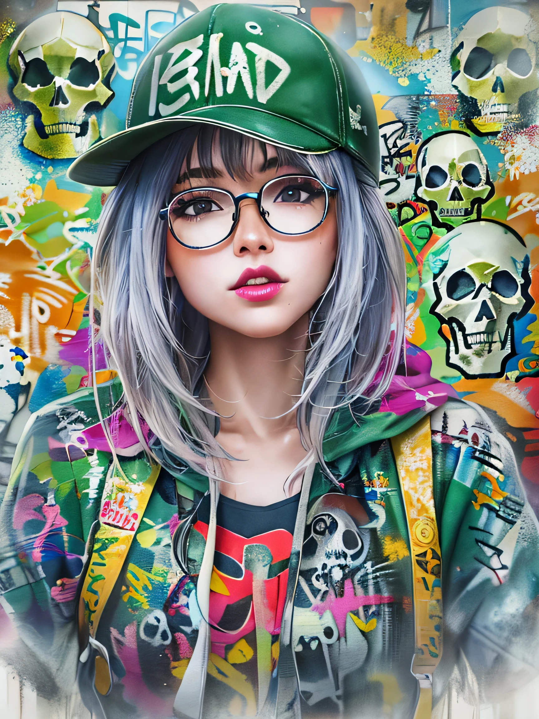 8K quality, watercolor painting, stylish design, (((The strongest beautiful girl of all time))), (((Japanese))、Idol、clear, stylish glasses, Fashionable hats, (((highest quality))), bob hair, lips in love, HDR, ((Detailed details)), (((skull fashion))), detailed clothing texture, (((graffiti art))), colorful hair, ((masterpiece))、((Super detailed))