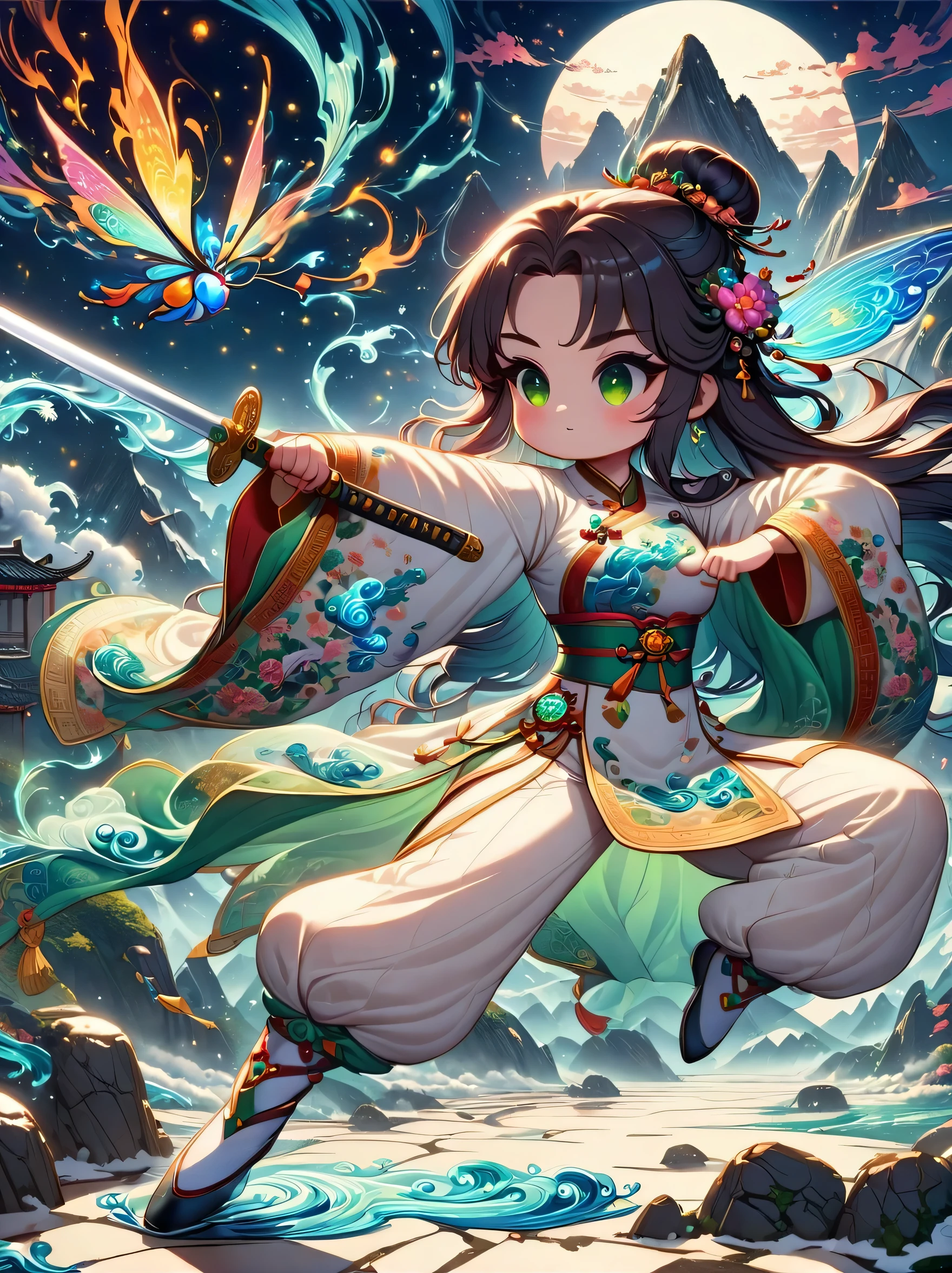 ((imagine))，((whole body))，Snow mountain sword painting method, Ancient style woman&#39;s cold ice flame sword, Holding a sword burning with blue flames, Dancing with a sword in white clothes, long hair flowing in the snow, Beautiful woman holding a silver sword, Wear jade jewelry, Her face is full of confident smile, She is suspended in the clouds like a fairy, Behind her are layers of mountains