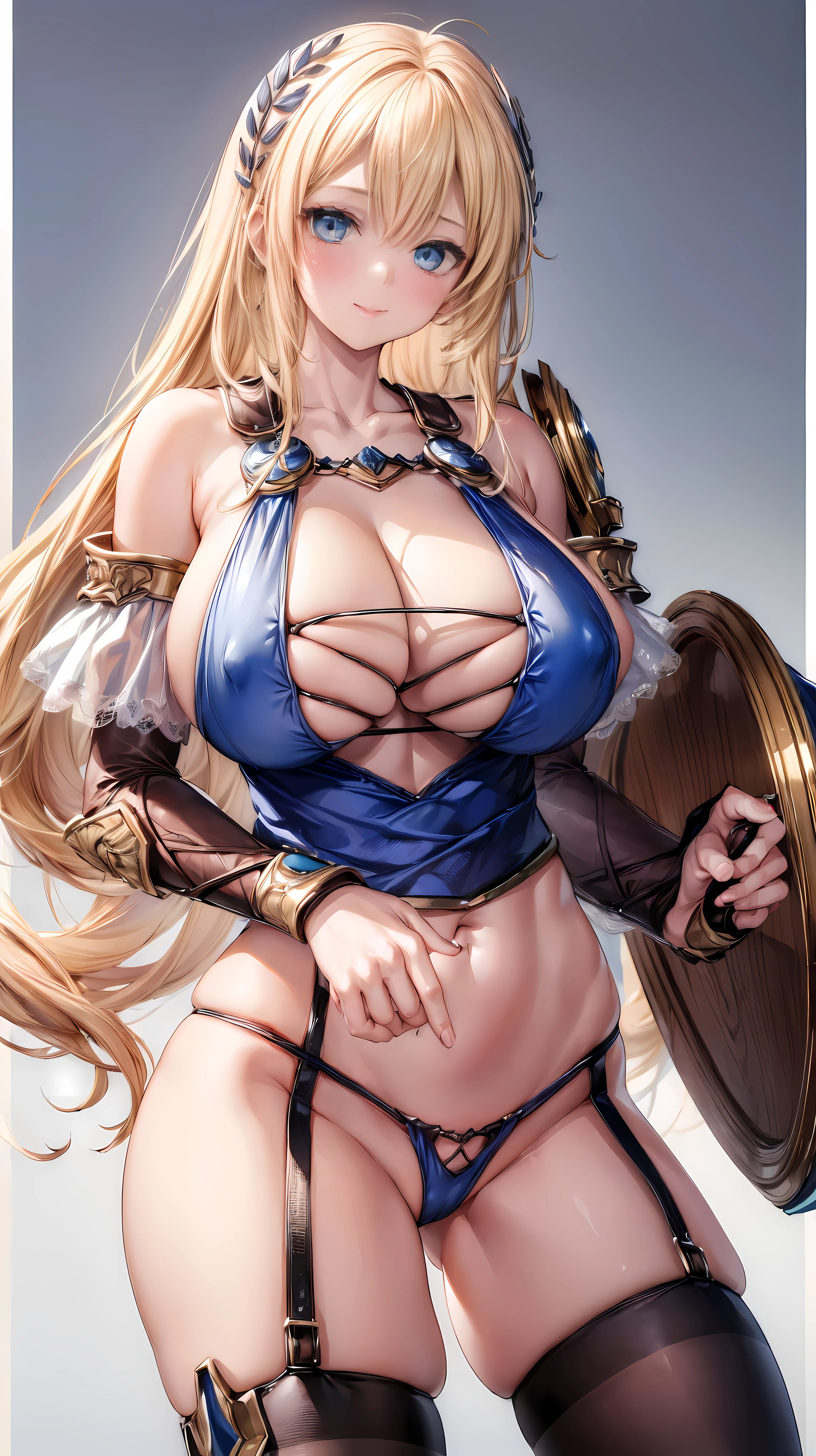 sensual, long blonde hair, thick thighs, 8K, 4k, highest quality, (High resolution:1.6), cute anime face, noise reduction, (shining blue eyes, gentle smile, kind eyes)、toned abdominal muscles, muscular arms, muscular legs,  young face, anime eyes, Sophitia Alexandra、(holding a sword in the right hand:1.5)、(Equipped with a shield on the left arm:1.5)、(SFW huge body:1.8)、knee high tights、beautiful hands、garter belt