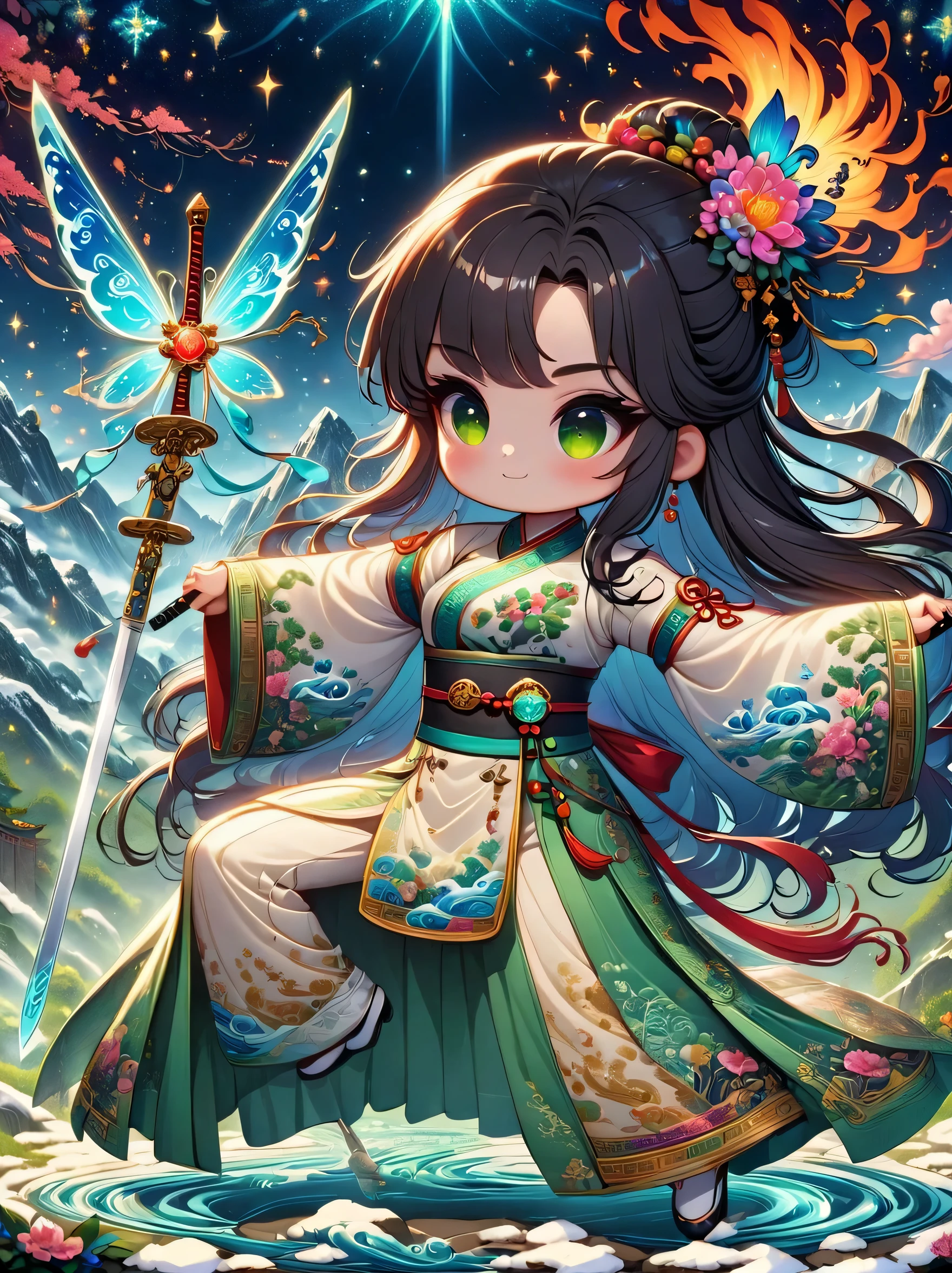 ((imagine)),((whole body)),Snow mountain sword painting method, Ancient style woman's cold ice flame sword, Holding a sword burning with blue flames, Dancing with a sword in white clothes, long hair flowing in the snow, Beautiful woman holding a silver sword, Wear jade jewelry, Her face is full of confident smile, She is suspended in the clouds like a fairy, Behind her are layers of mountains