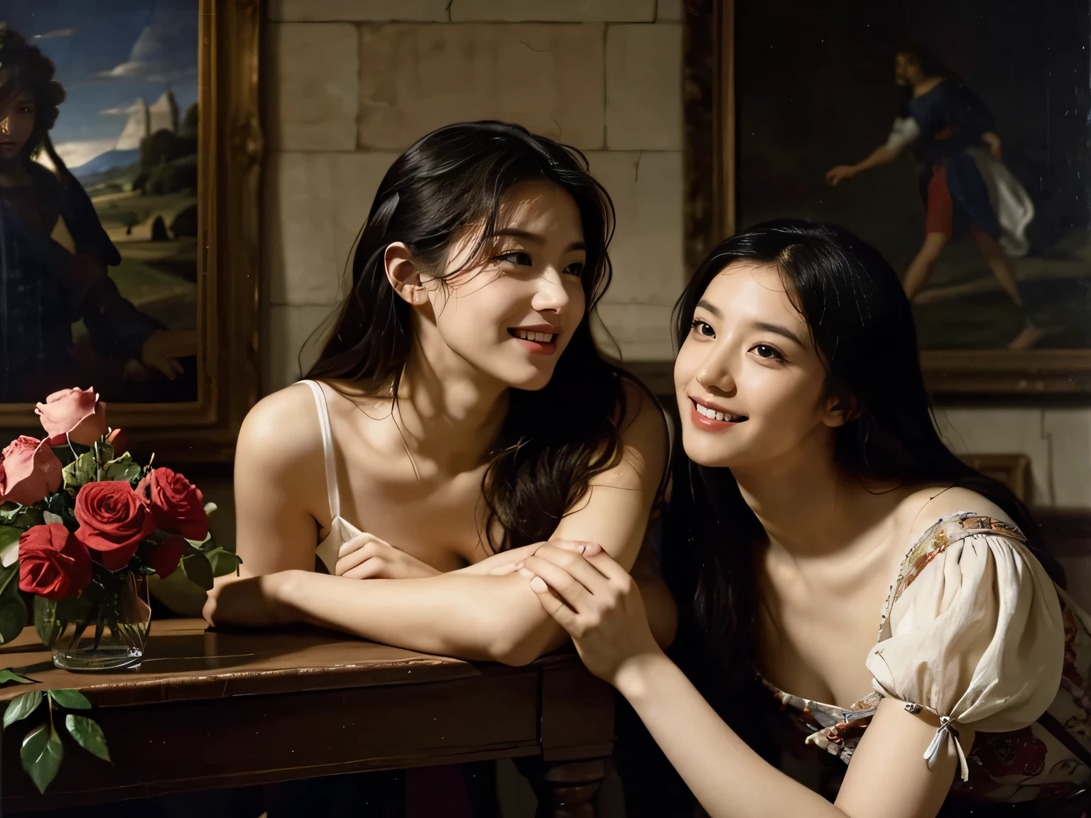Giorgione painting style,Arguments of two female Philosophe,math、astronomical machine、astronaut、roses in vase、fruits、Cute trinkets、smile、ancient greek costume、Ancient Roman landscape in the style of Nicolas Poussin,laughter,,Sweet and seductive appearance.、Caravaggio's paintings、Chiaroscuro of Caravaggio、hair tousled by the wind,Two women frolicking,cute smile, expression of ecstasy,Sexy,erotic