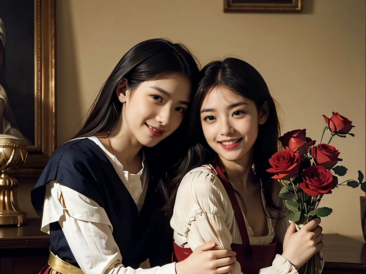 Giorgione painting style,Arguments of two female Philosophe,math、astronomical machine、astronaut、roses in vase、fruits、Cute trinkets、smile、ancient greek costume、Ancient Roman landscape in the style of Nicolas Poussin,laughter,,Sweet and seductive appearance.、Caravaggio's paintings、Chiaroscuro of Caravaggio、hair tousled by the wind,Two women frolicking,cute smile, expression of ecstasy,Sexy,erotic