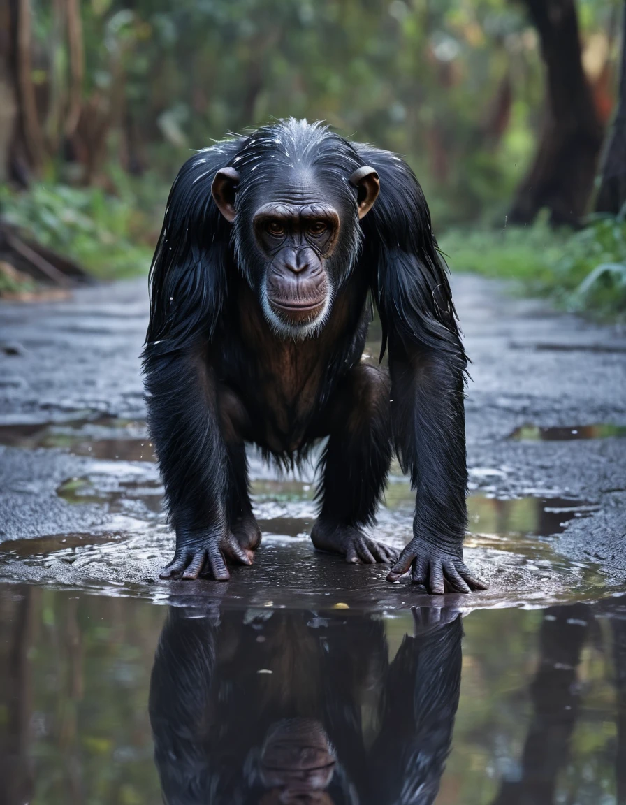 4k quality, a chimpanzee looks into a puddle, the reflection in the puddle shows a man in a suit, very detailed, emotional image, vivid colors, lots of details