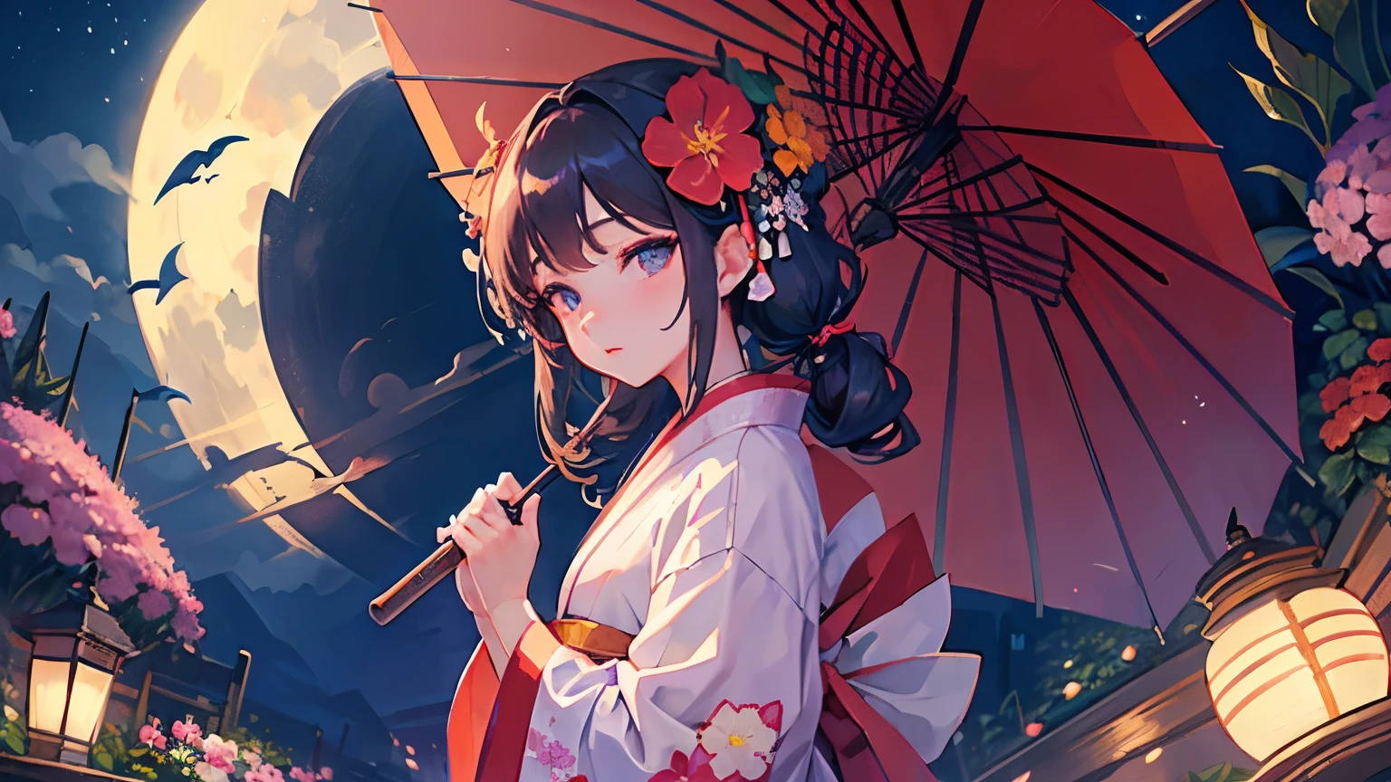 highest quality,clear_image, detailed background 、dreamy girl, kimono,flower,garden,moon, night,dutch angle, wide shot,Eyes that seem to suck you in、detailed hands,umbrella
