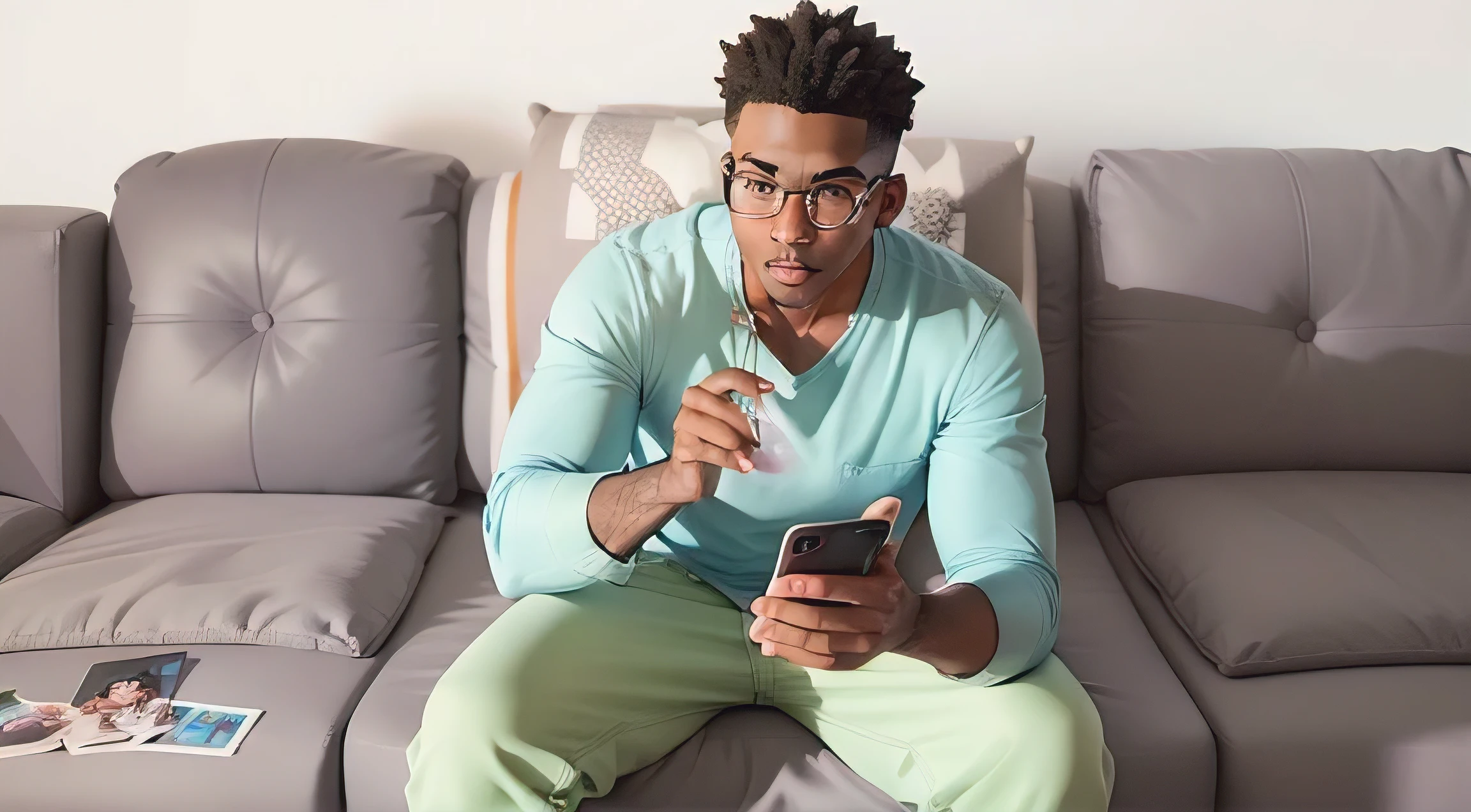 Hombre Joven Afroamericano mirando su telefono , convertir a cartoon estilo pixar disney 3D