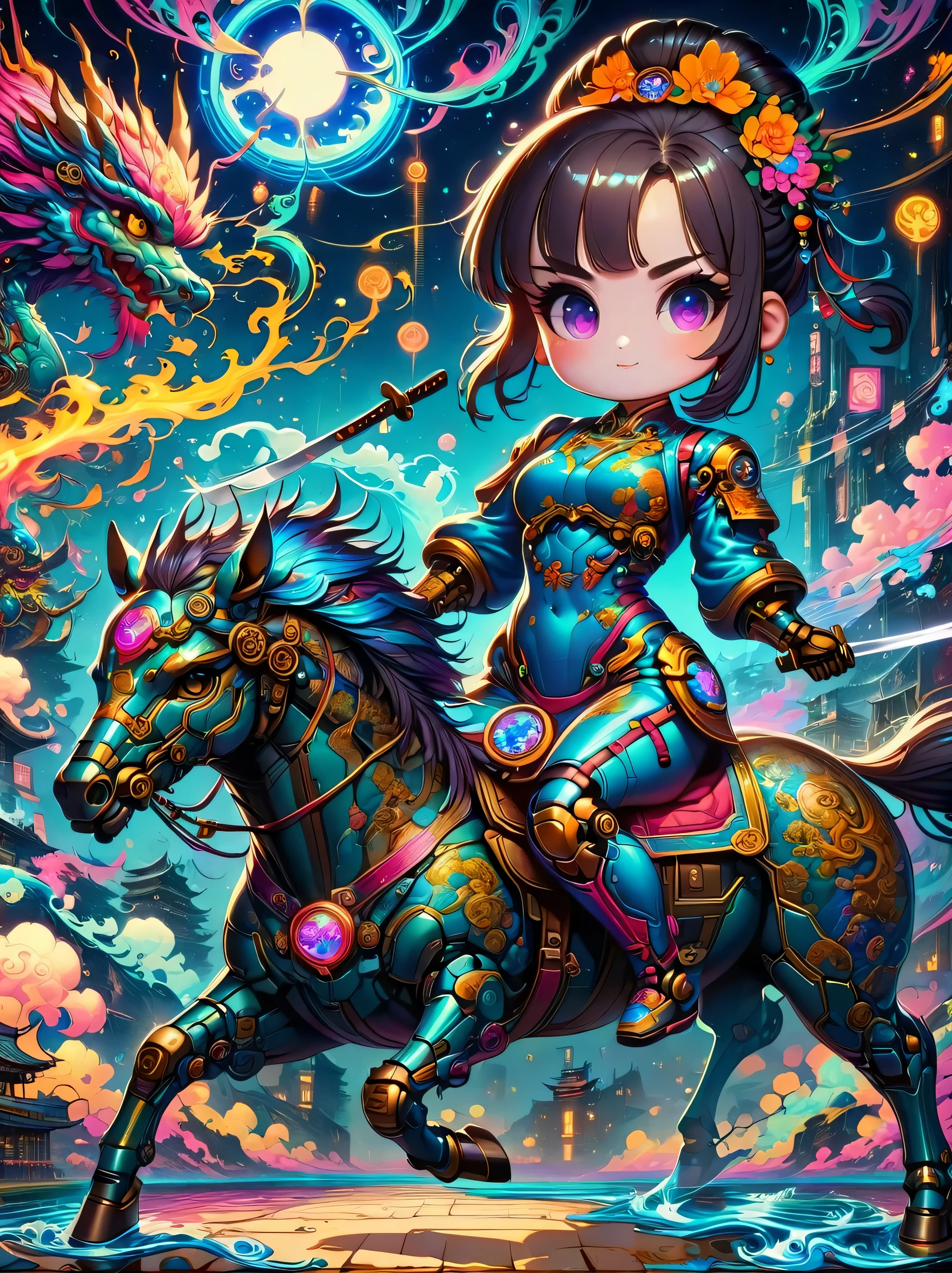 ((imagine))，((whole body))，Beautiful cyberpunk robot woman wearing dark blue Sengoku armor, Riding a ghost horse, Mechanical arm holds a long knife, blue background, cyberpunk style, like style, anime aesthetics, ultrarealism oil painting, Designed by Hajime Sorayama，James Jean 设计, (anatomically correct, 8K)