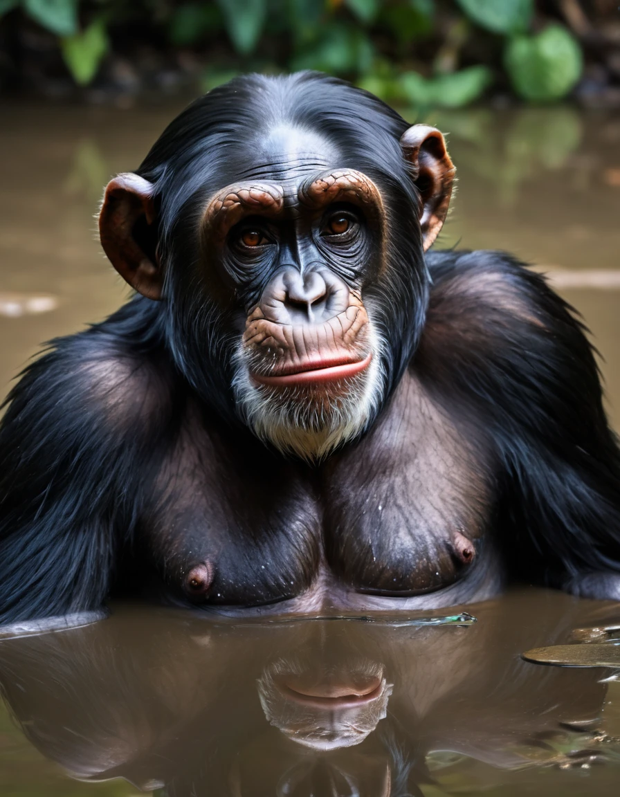 (best quality,4k,highres,masterpiece:1.2),a chimpanzee looking into a puddle,reflected image of a man in a suit,very detailed chimpanzee's eyes and facial expressions,emotional image,vivid colors,abundant details,realistic lighting,aesthetic composition,highly textured chimpanzee's fur,masterfully painted scene,deep and meaningful narrative,gorgeous color palette,impressive attention to detail,rich and vibrant tones,striking contrast between the chimpanzee and the man in the reflection,expertly captured reflections in the puddle,beautifully rendered emotions on the chimpanzee's face,meticulously depicted textures of the suit,portraits,concept artists,sharp focus,surreal atmosphere,dynamic postures,strong visual impact,thought-provoking,unexpected juxtaposition of nature and civilization.