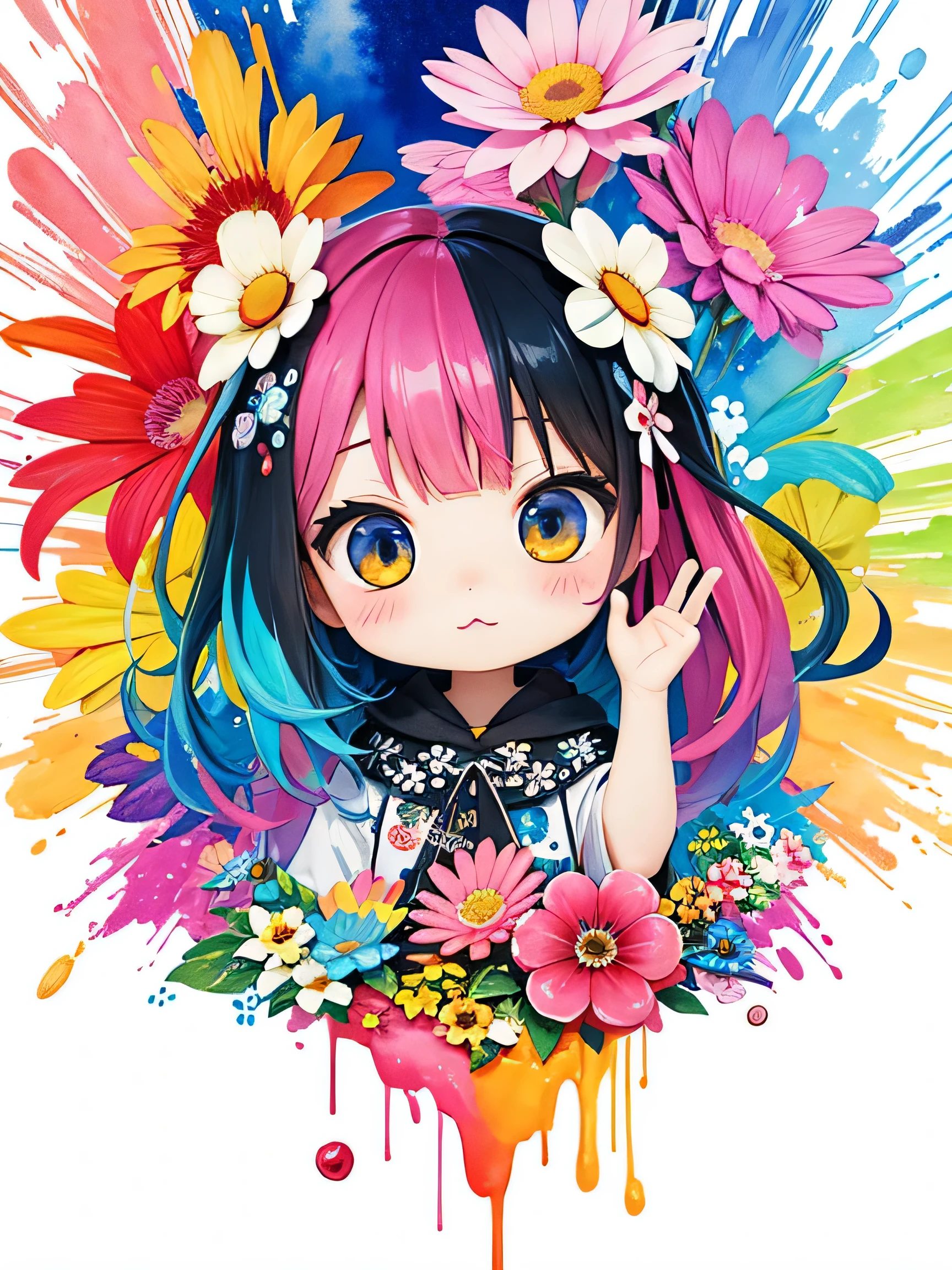 8K quality, Takashi murakami&#39;illustration of, intense watercolor, watercolor detailed art, watercolor splash, surreal, avant-garde pop art, Beautiful and expressive paintings, 美しいアートワークillustration of, very colorful tones, wonderful, cool beauty, highest quality,official art, vector art,stylish design, (((Chibi)))、(((1 cute kitten))), (((highest quality))), HDR, ((Detailed details)), (((graffiti art))), ((masterpiece))、((Super detailed))、(((Floating city of colorful flowers)))