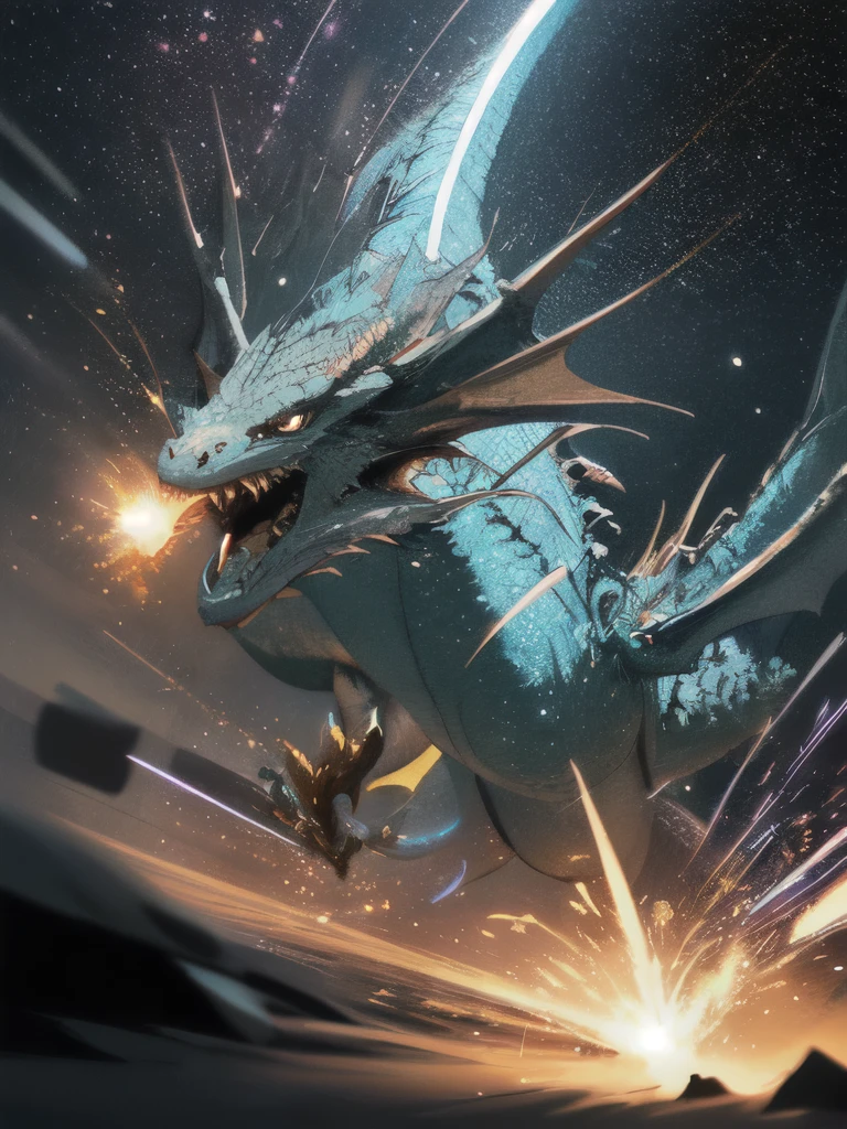 (dragon:1.3),  dragon,
break
 Illustrate a cosmic guardian, a celestial being tasked with maintaining balance and order in the universe.
break
, Create images using long exposure techniques, capture light trails, motion blur, and a sense of time and movement.
break