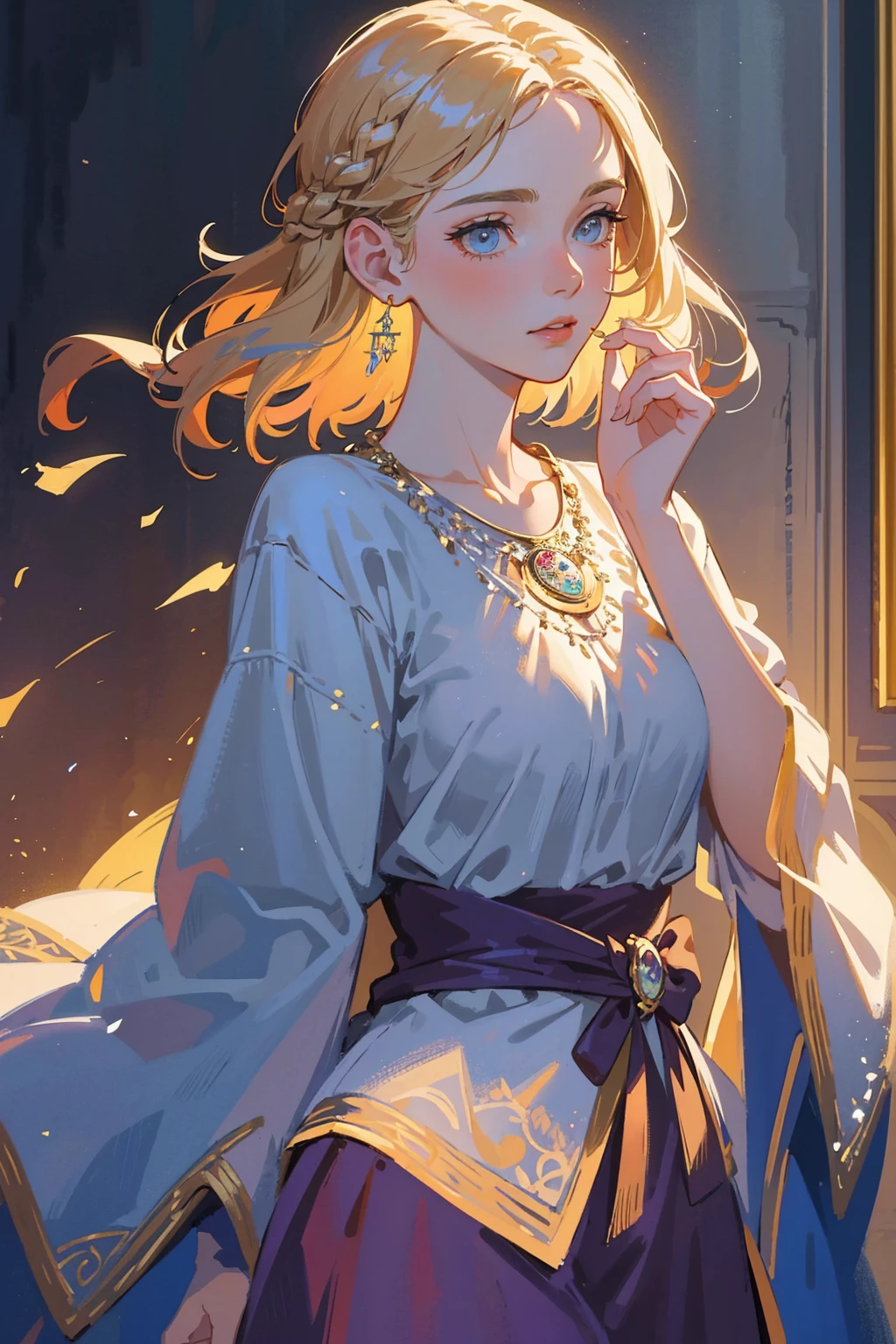 masterpiece, best quality, (((1 adult woman))), ((woman)), beautiful woman, tall woman, medium hair, gentle, gentle eyes, 8k, colorful light, hair ornaments, victorian era clothing, necklace, earrings, creative pose, best light and shadow, colorful, intricate detail, ethereal, Pixiv, Artstation