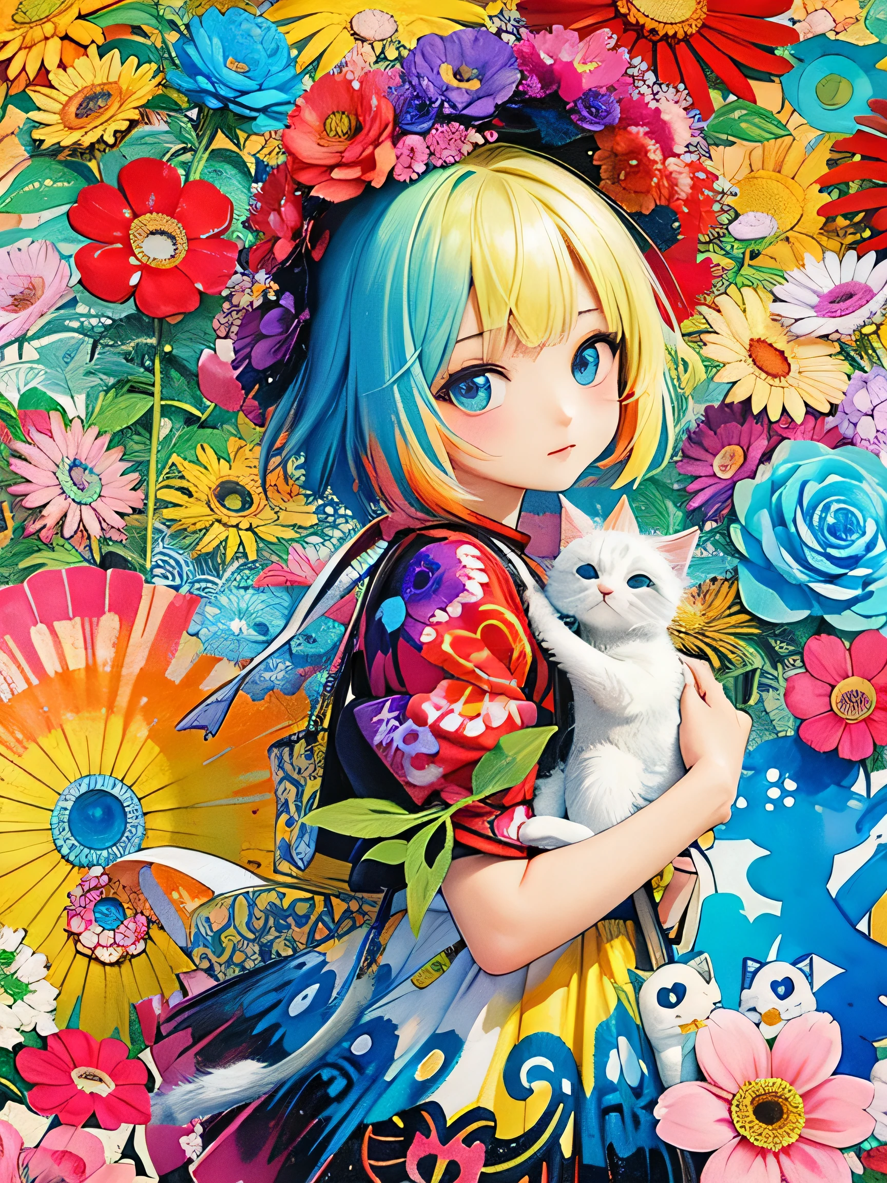 8K quality, Takashi murakami'illustration of, intense watercolor, watercolor detailed art, watercolor splash, surreal, avant-garde pop art, Beautiful and expressive paintings, 美しいアートワークillustration of, very colorful tones, wonderful, cool beauty, highest quality,official art, vector art,stylish design, (((1 cute kitten))), (((highest quality))), HDR, ((Detailed details)), (((graffiti art))), ((masterpiece))、((Super detailed))、(((colorful flowers)))、(((Paris cityscape)))