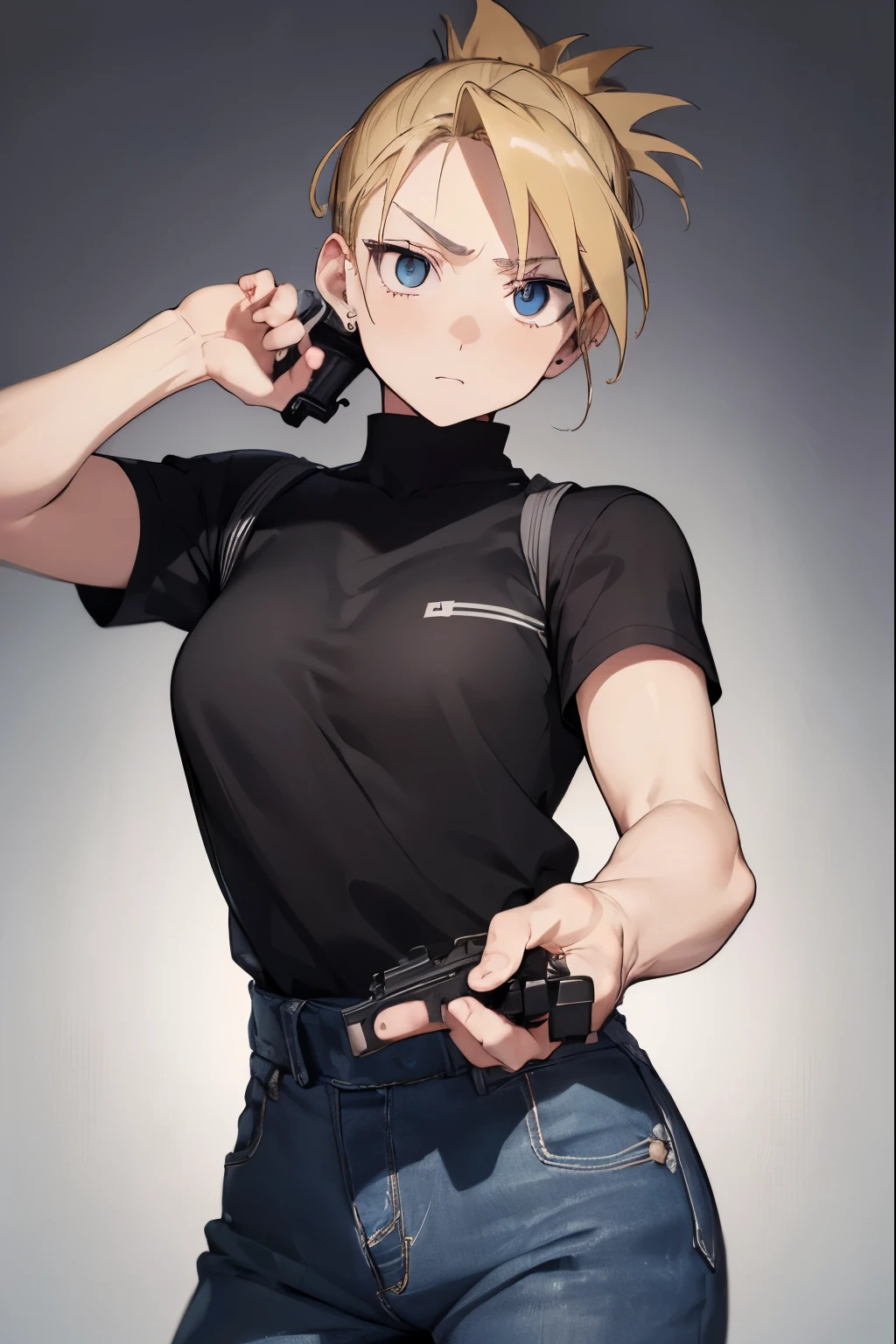 Riza Hawkeye, blonde hair, (black eye:1.5), folded ponytail,hold a gun and take aim,(((scared))),
break shirt, short sleeve, earrings, pants, uniform, army, black shirt, army uniform, denim's pants,
break looking at viewer, full body,
break indoors,
break (masterpiece:1.2), highest quality, High resolution, unity 8k wallpaper, (figure:0.8), (detailed and beautiful eyes:1.6), highly detailed face, perfect lighting,detailed skin,white skin,shiny skin,detailed hair,Very detailed CG, (perfect hands, perfect anatomy),