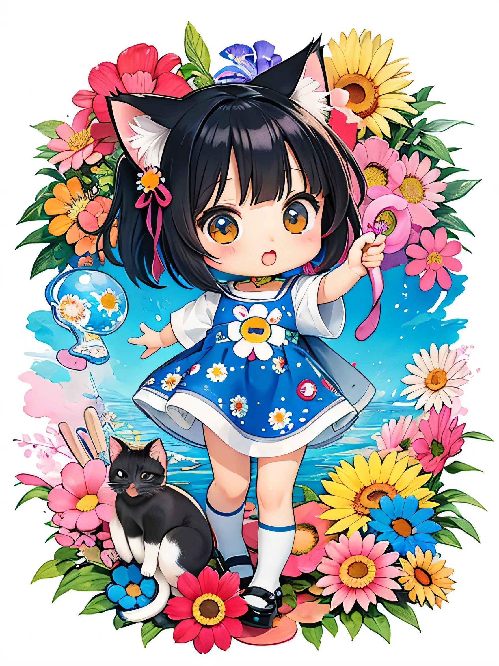 8K quality, Takashi murakami&#39;illustration of, intense watercolor, watercolor detailed art, watercolor splash, surreal, avant-garde pop art, Beautiful and expressive paintings, 美しいアートワークillustration of, very colorful tones, wonderful, cool beauty, highest quality,official art, vector art,stylish design, (((Chibi)))、(((1 cute kitten))), (((highest quality))), HDR, ((Detailed details)), (((graffiti art))), ((masterpiece))、((Super detailed))、(((colorful flowers)))、(((Port of Kobe)))