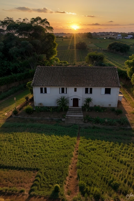 uma casa, no campo, rural, no brasil, por do sol, iluminando o horizonte com seu feixe de luz, melhor qualidade, papel de parede, 8k, paisagem, fotografia, ultradetalhista