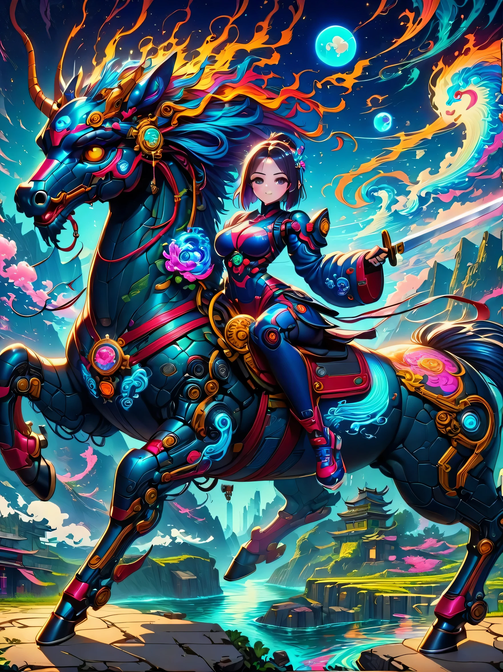 ((imagine))，((whole body))，Beautiful cyberpunk robot woman wearing dark blue Sengoku armor, Riding a ghost horse, Mechanical arm holds a long knife, blue background, cyberpunk style, like style, anime aesthetics, ultrarealism oil painting, Designed by Hajime Sorayama，James Jean 设计, (ultra high definition, retina, masterpiece, precise, anatomically correct, textured skin, Super details, high detail, best quality, 8K)