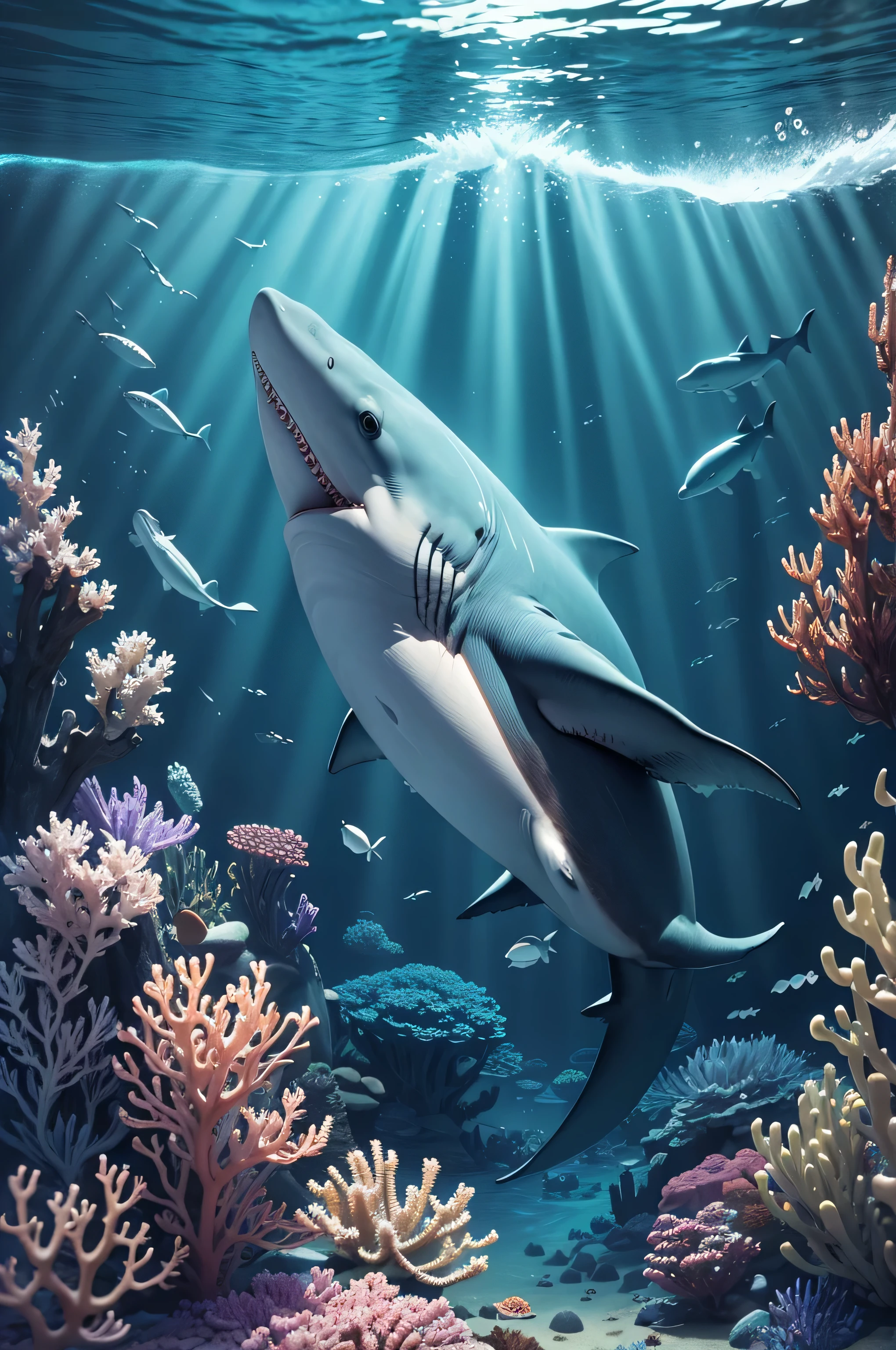 There are sharks at the bottom of the sea,whale,Dolphins and other undersea animals in the sea,Ultra HD 4k