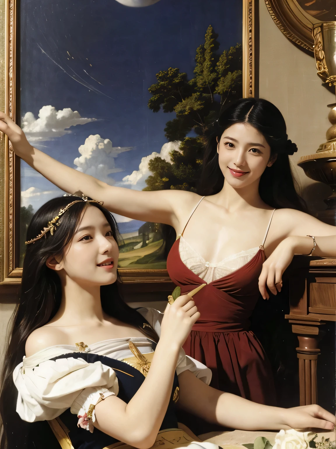 Giorgione painting style,Arguments of two female Philosophe,math、astronomical machine、astronaut、roses in vase、fruits、Cute trinkets、smile、ancient greek costume、Ancient Roman landscape in the style of Nicolas Poussin,laughter,,Sweet and seductive appearance.、Caravaggio's paintings、Chiaroscuro of Caravaggio、hair tousled by the wind,Two women frolicking,cute smile, expression of ecstasy,Sexy,erotic