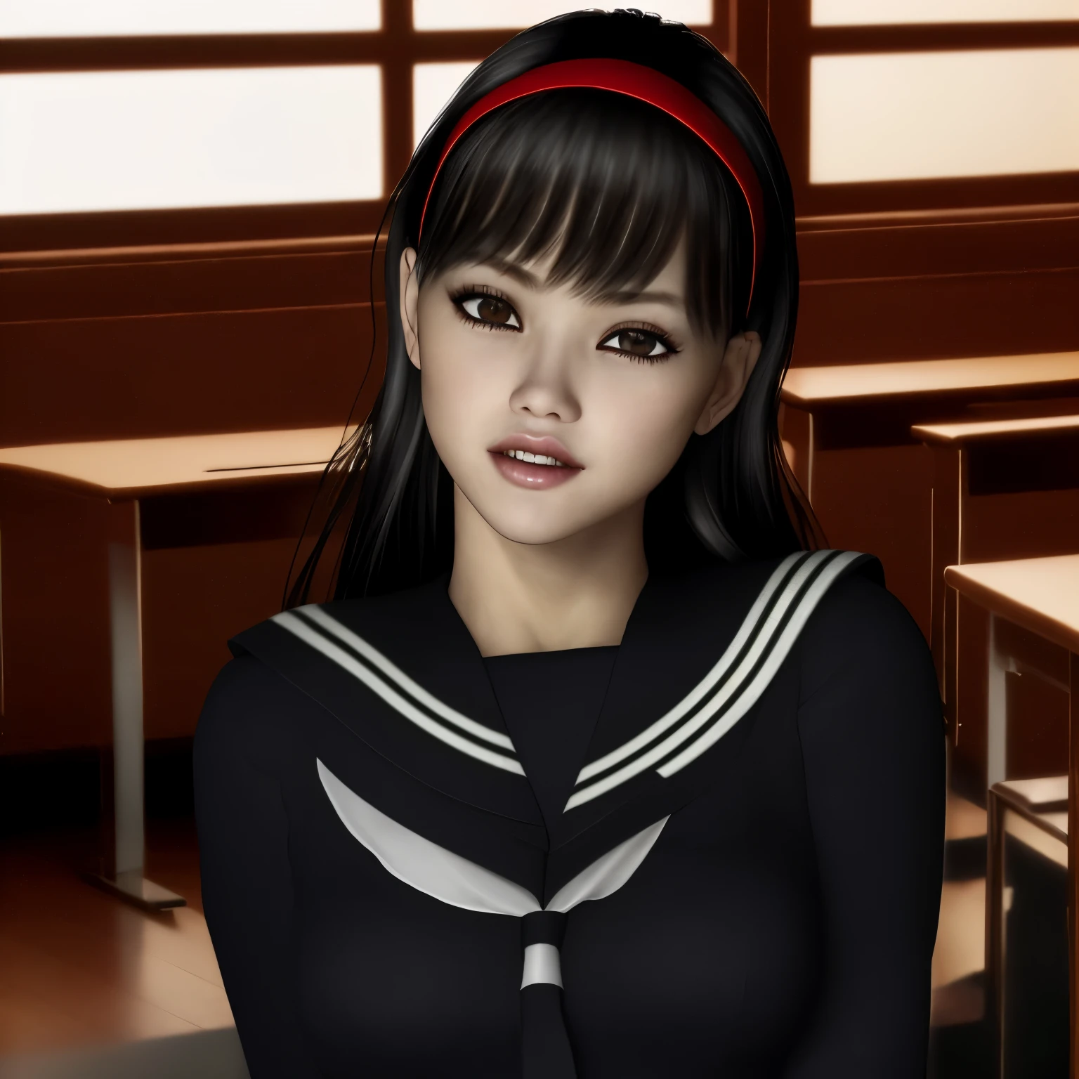 (Highly detailed CG、unity、8k wallpaper)、(very delicate and beautiful)、(masterpiece)、(highest quality:1.2)、(超A high resolution:1.3)、(beautiful realistic asian),beautiful lighting、perfect lightning、realistic shadow、fine skin、super detailed、detailed face and eyes、realistic eyes、sharp pupils、Huge , inside the classroom、School、sunset、beautiful face、blurred background、(japanese woman)、shiny skin、side up、beautiful black hair、dull bangs、Japan High School Sailor Uniform、pleated mini skirt、gentle smile, ((table top, highest quality)), (shiny skin), cinematic lighting, Physically based rendering, award-winning, highly detailed skin, highly detailed face, Beautiful eyes in every detail, Carl Zeiss 85mm F/1.4, (Cowgirl:1.3), (cumin , on the chest and thighs), She&#39;s a very cute 16 year old , (brown hair, straight long hair, open your eyes, round face), Big cleavage, (sailor blouse, Pull up the pleated skirt yourself:1.3), watching from a distance, (spread your legs, thigh focus),art by、