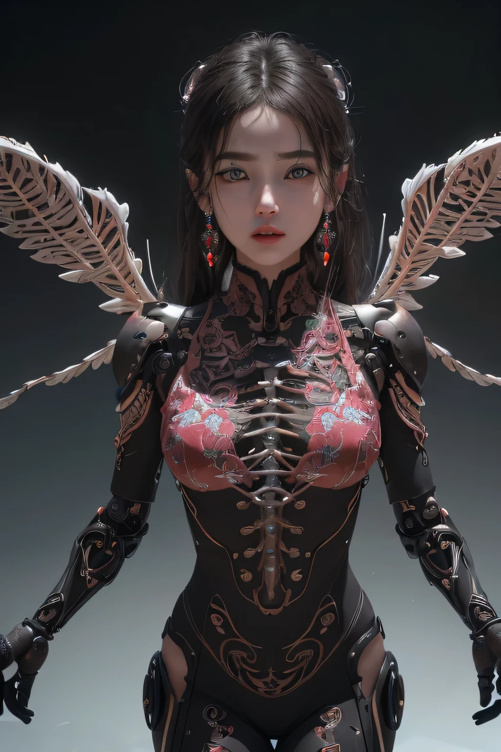 (ultra high res,photorealistic,realistic,best quality,photo-realistic), (((high detailed skin,visible pores))),(real person,photograph), ((mix4)), (8k, raw photo, best quality, masterpiece),photon mapping, radiosity, physically-based rendering,automatic white balance ,mastoid process (1girl) (blush|cute and playful|adorable|skinny|thick bangs|beauty|18 years old|childish looks|under 18 years old),(irises and pupils are rounded,the pupil reflects the surroundings,eyes are not the same size:1.2), (skinny:1.6),(beautiful eyes for details:1.2)、((1 girl))、mature woman、((solo))、(brown eyes:1.4)、(Highly detailed CG、Super detailed、best shadow:1.1)、(Depth of the bounds written),(very detailed and beautiful:1.1)、(perfect details:1.1)、Complex 3d Rendering Ultra Details Beautiful Death Angel, Biomechanical Cyborg, Analog 150mm Lens, Beautiful Natural Soft Rim Light, Neon Vain, Roots, Fine Leaf Lace, Colorful Details, Boris Bidjan Saberi Costume, Pearl Earrings, Art Nouveau Fashion Embroidery, Intricate Details, Mesh Wire, Mandelbrot Fractal, Facial Expression Muscles, Cable Wire, Microchip, Badass, Hyperrealistic, Ultra High Definition, Octane Rendering, Volumetric Lighting, 8K Post-Production, Red and White with a Little Black, Elaborate Metallic Bones, Semi-Human, Iridescent, Glenn Brown Style Futuristic Room, Power of God, High Angle Shot , complex body poses