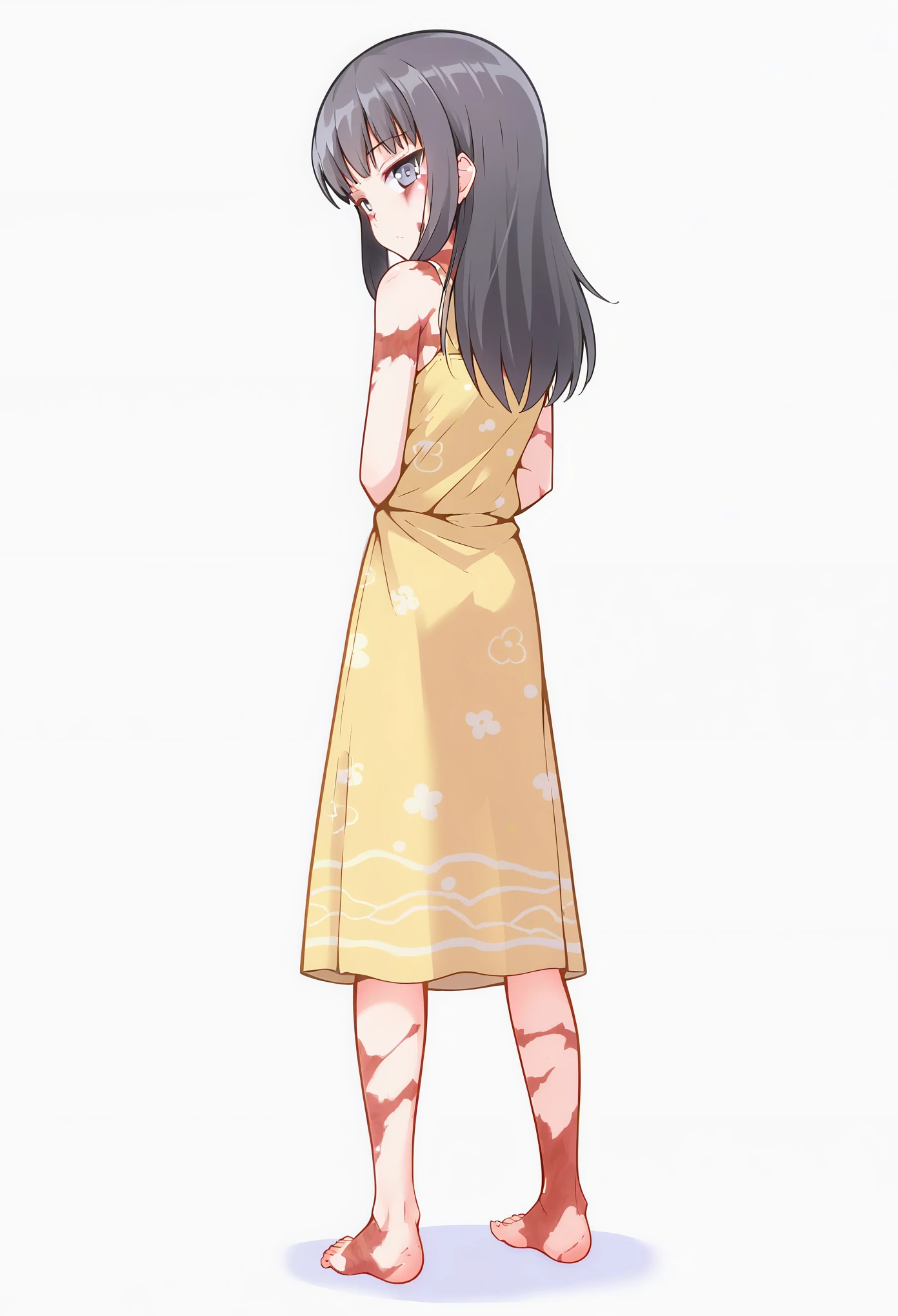 source_anime, score_9, score_8_up, score_7_up, score_6_up, a young girl standing, looking back, from behind, burn scars, scars, black hair and gray eyes, long hair, wearing only a brown sundress, ragged clothes, bare feet, hands behind back, head tilt, innexpressive, :<, type of body:_petite, full body shot, white background, simple background