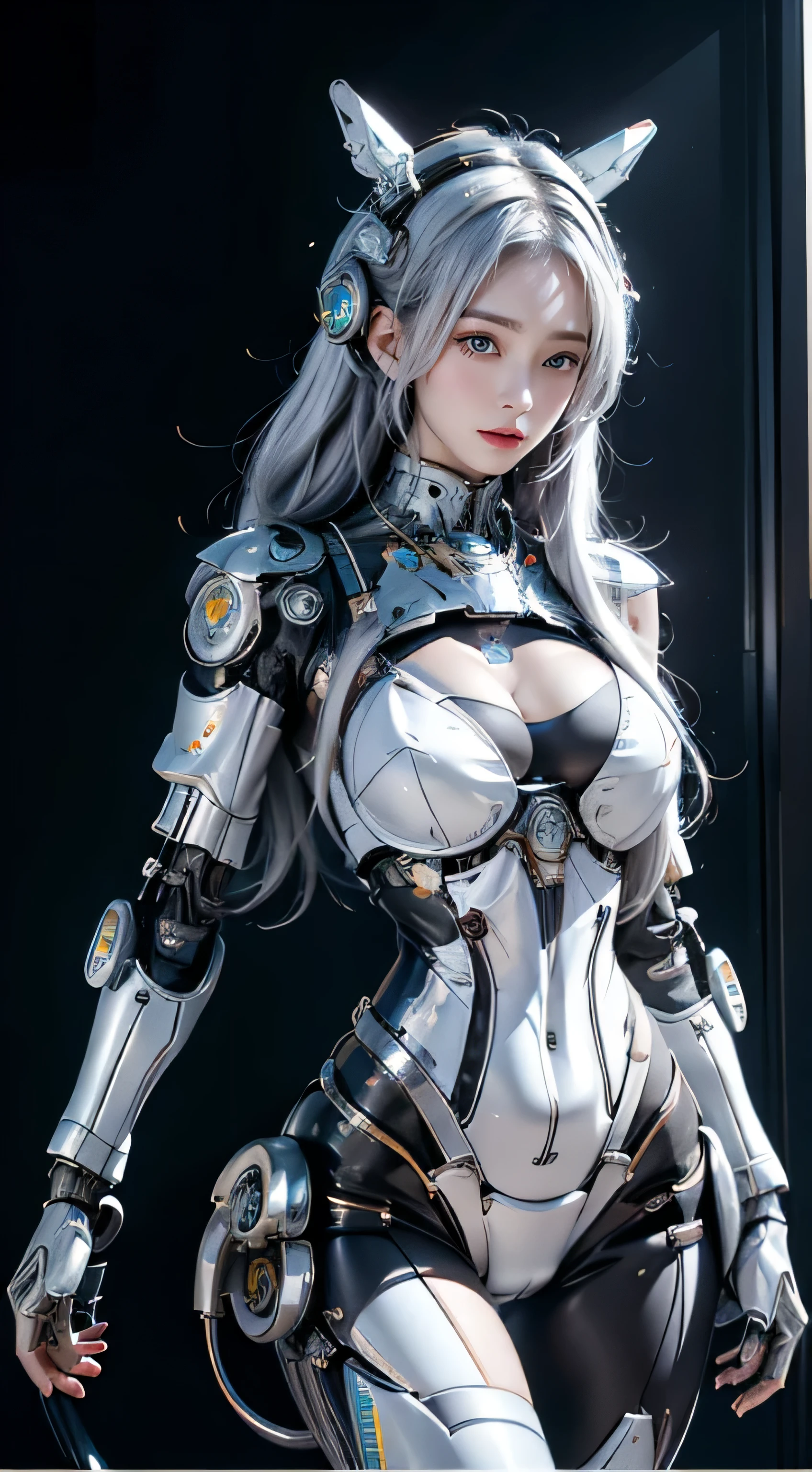As a matter of fact, high resolution, 1 woman, hips up, Droids, Mecha Maiden,mechanical parts, Droids joints,single mechanical arm, white hair, Mechanical aura,Hello Dao,ชุดmechanical bodyที่ซับซ้อน, Mecha Corset, Full A, white robot robot, Beautiful cyborg woman,Mecha Cyborg Girl,Battle mode,A girl with the body of a mechanical robot.,Droids,mechanical hand, Clothes that feel like mechanical technology, robot arms and legs, black robot parts,mechanical body,smooth, blunt,white belly,white robot parts,pipe set,perfect robot woman,perfect robot woman, The perfect mechanical woman, full body