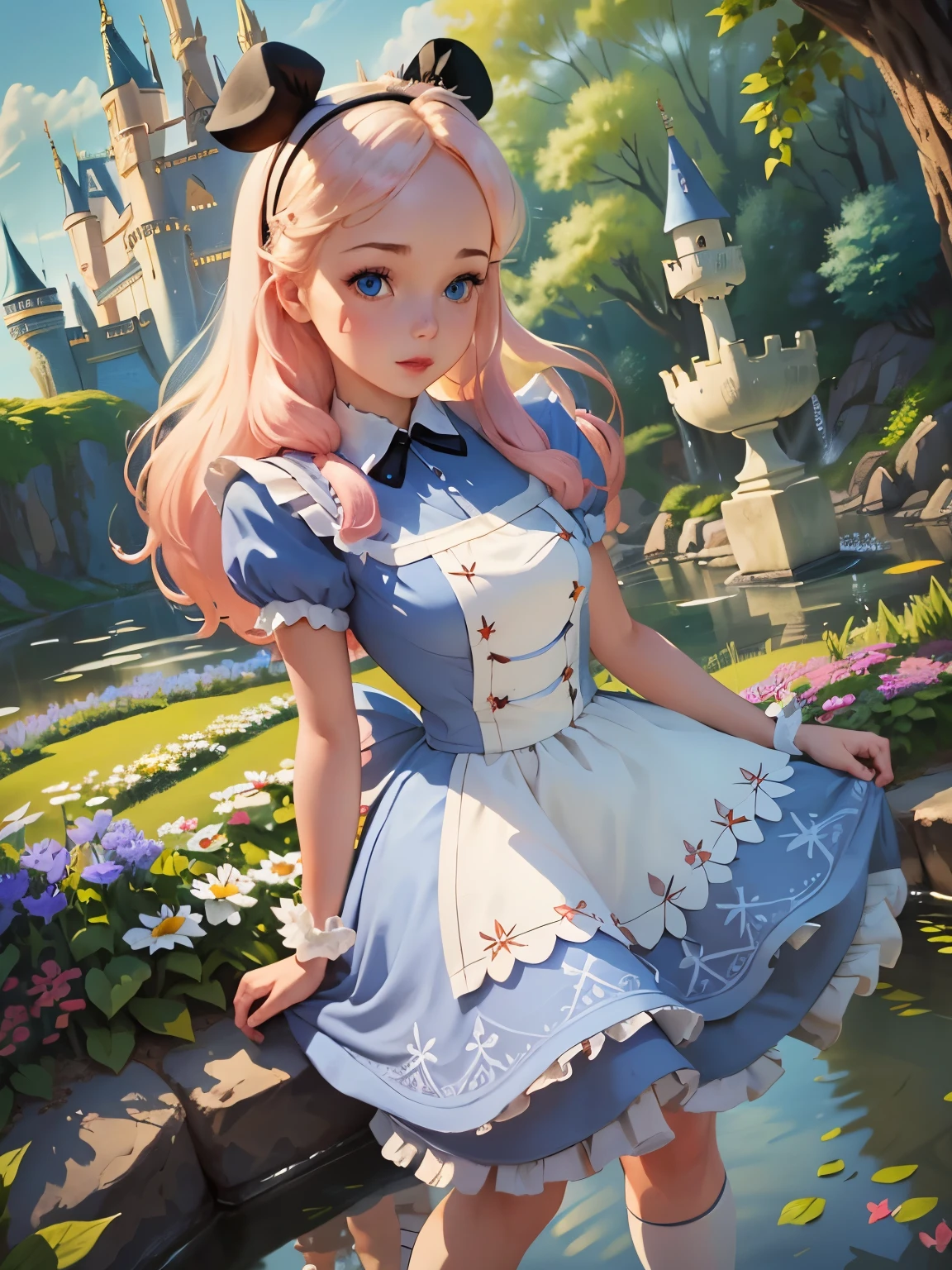 (masterpiece), (best quality), (extremely detailed), Malicious Alice liddell, blue dress, white apron, long pink hair, black hairband, white stockings, showing rude string thong cute pose, in a flower garden, (pond), (((disney castle at the background))), (blue sky), (sunny day), 3d. Illustration, Good Highlights, Perfect Proportions, dynamic, Professional, Award winning, (high detailed skin), (high detailed face), photorealistic, HDR, ultra highres, absurdres,